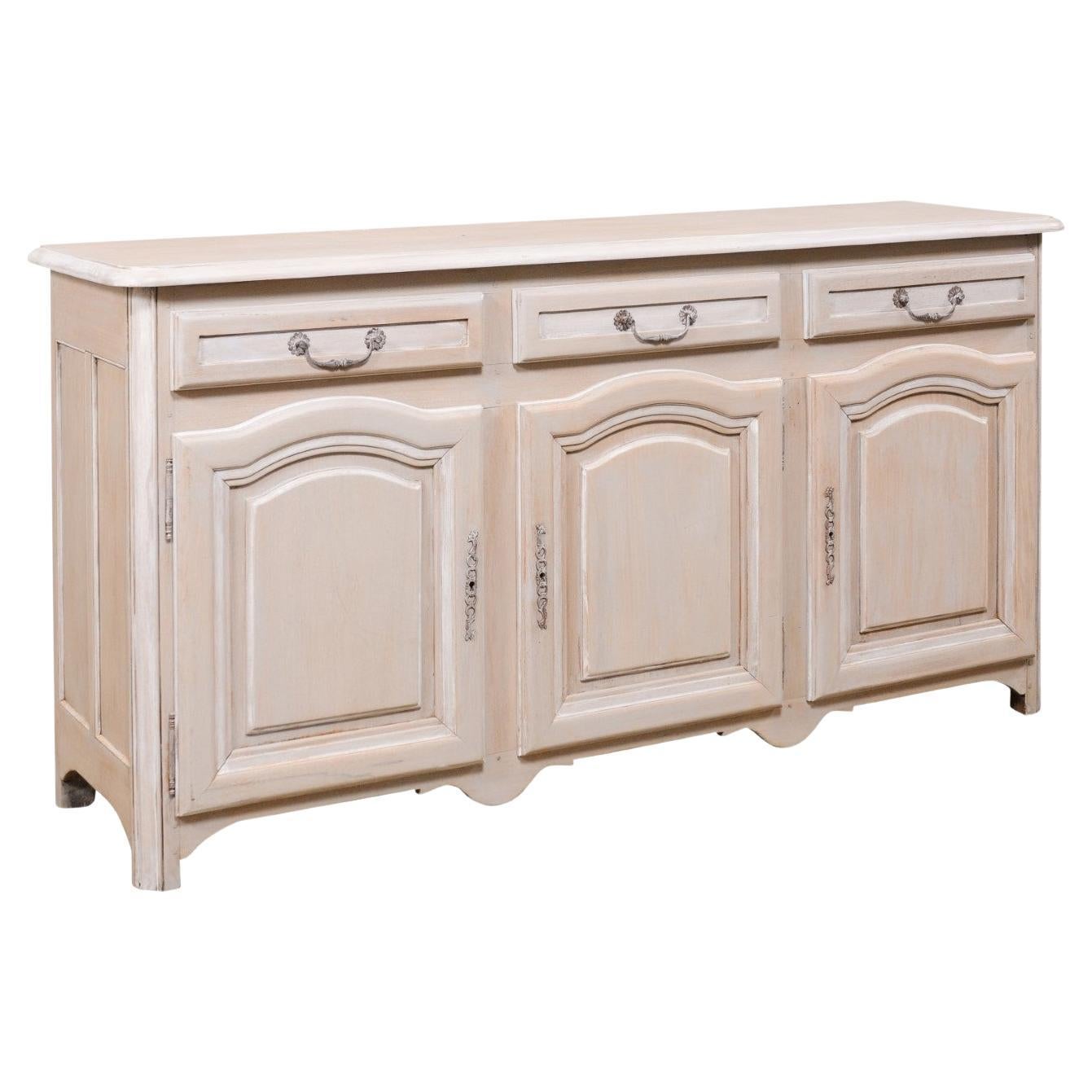 French Painted Credenza Console W/Drawers & Arched Panel Doors, Mid-20th Century For Sale