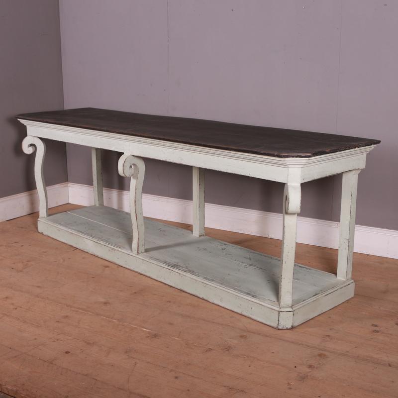 Unusual French painted drapers table / island unit. 1860.

Dimensions
92 inches (234 cms) Wide
25.5 inches (65 cms) Deep
31.5 inches (80 cms) High.

 