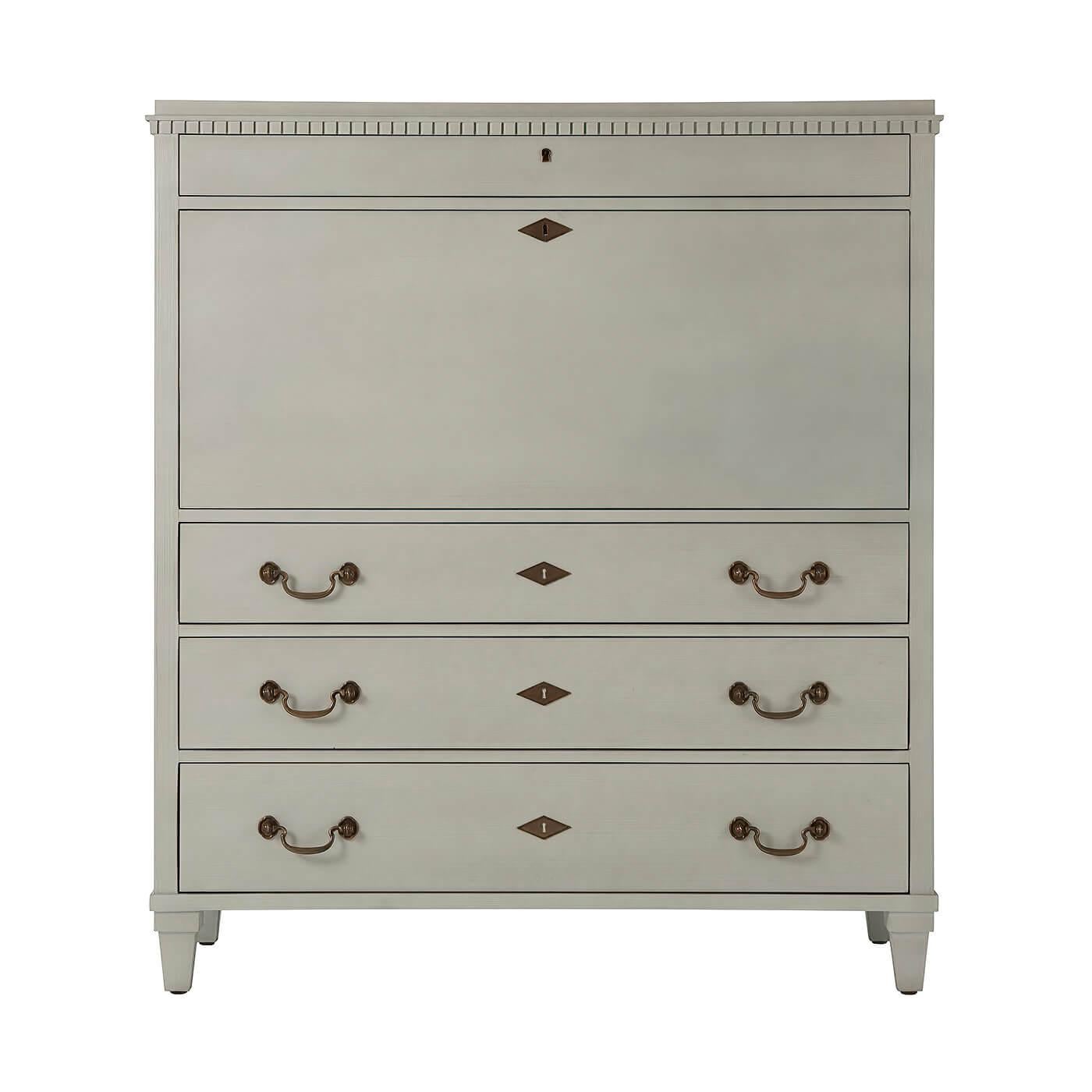 French Provincial style Secrétaire à Abbatant with a grey-blue painted exterior fall front writing surface.
Soft ivory painted interior with drawers & pigeon holes, interior rotating cabinet with mirror back
power management strip. A dental molded