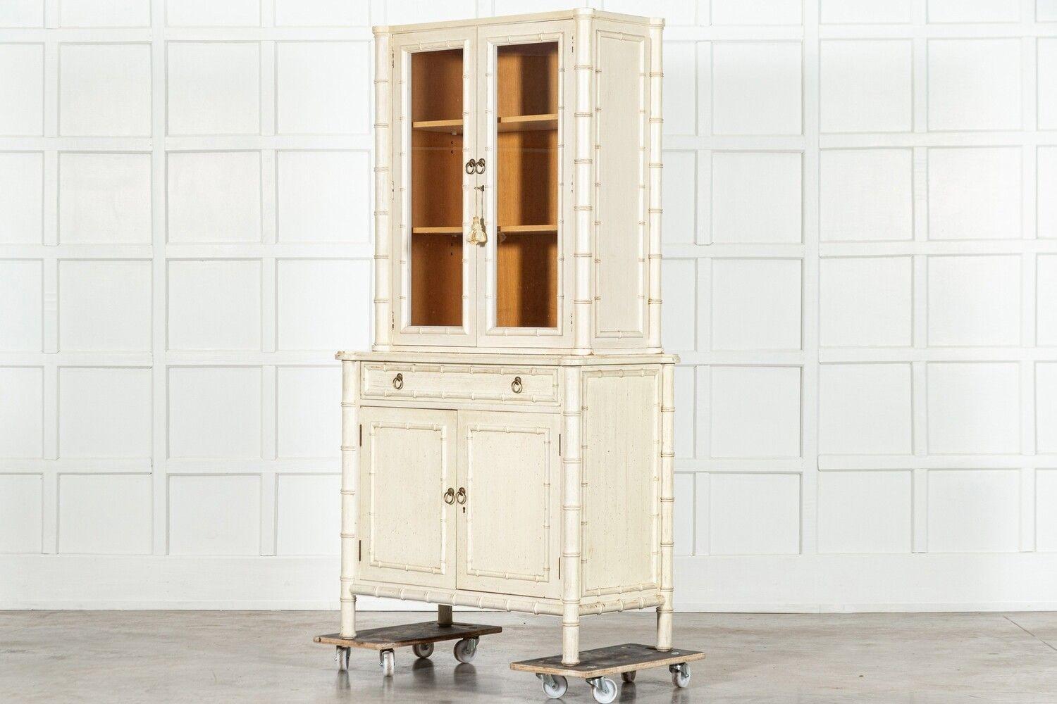 French Painted Faux Bamboo Beech Glazed Breakfront Bookcase / Vitrine 1