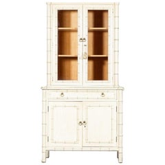French Painted Faux Bamboo Beech Glazed Breakfront Bookcase / Vitrine
