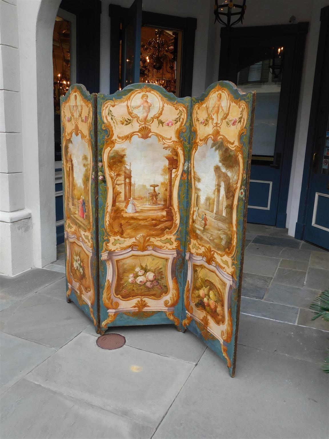 Louis XVI French Painted Figural & Foliage Architectural Three Panel Folding Screen C 1780