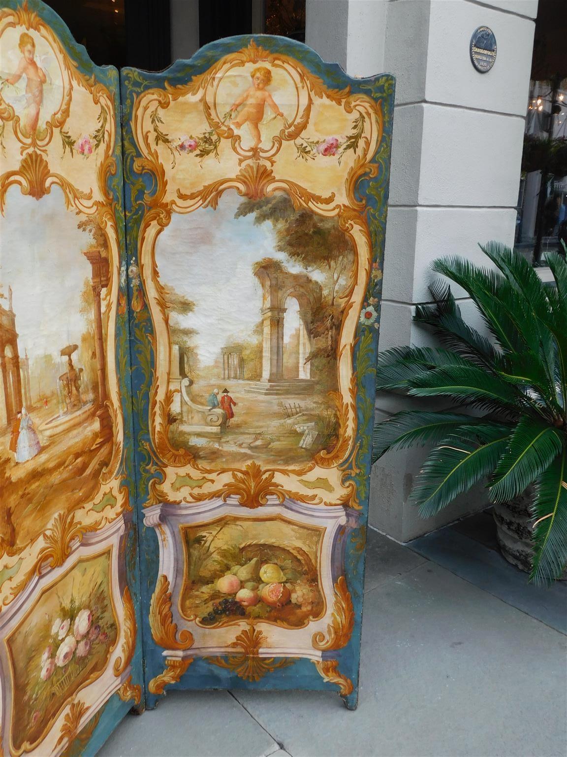 Hand-Crafted French Painted Figural & Foliage Architectural Three Panel Folding Screen C 1780