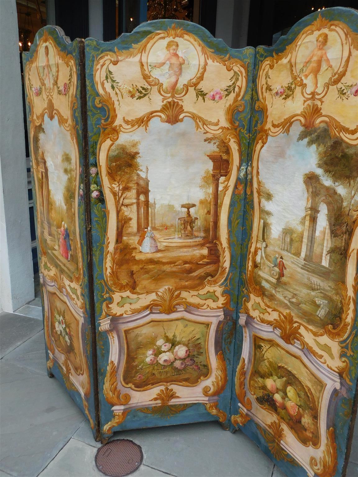 French Painted Figural & Foliage Architectural Three Panel Folding Screen C 1780 In Good Condition In Hollywood, SC