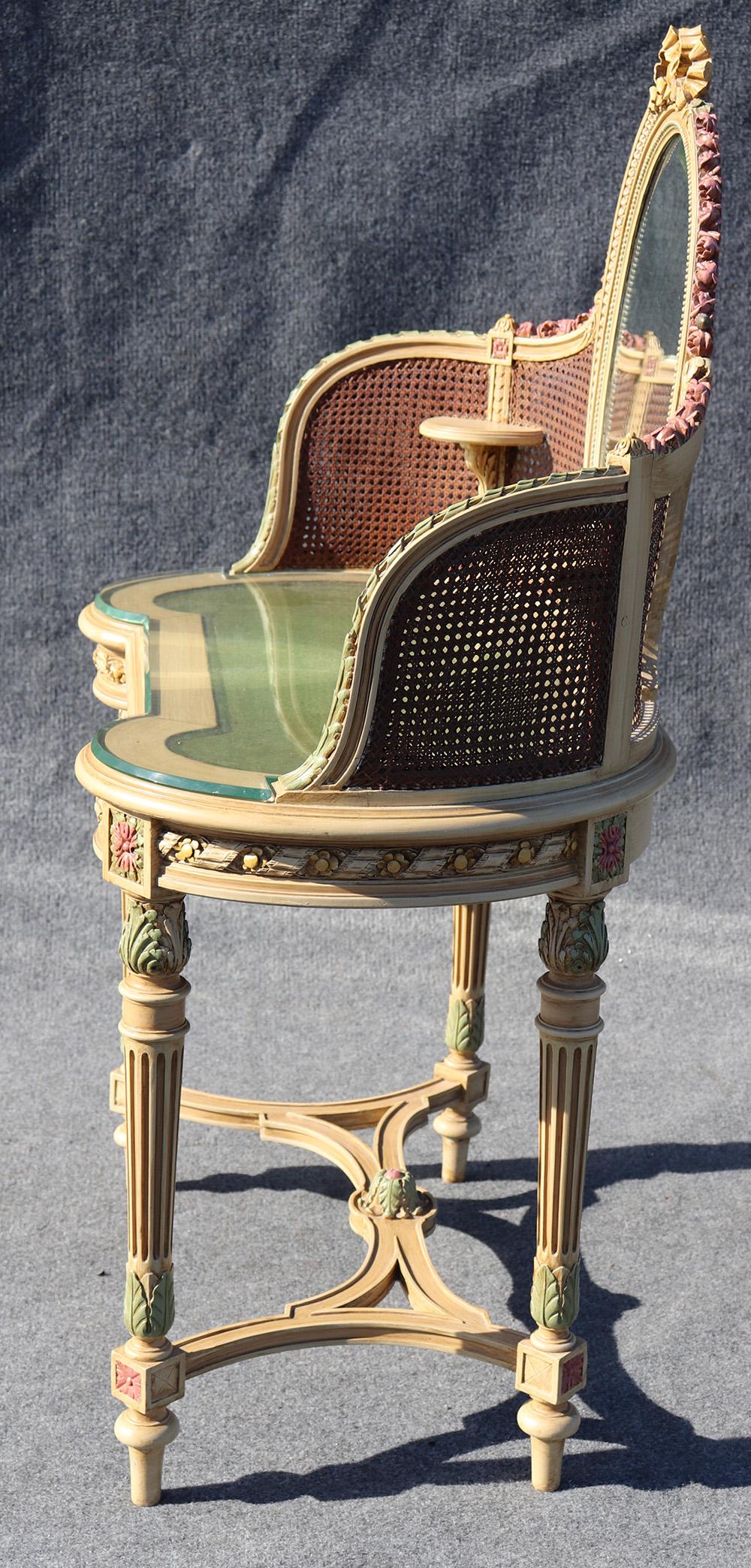 French Painted Floral Carved Cane Mirrored Ladies Vanity and Chair 5