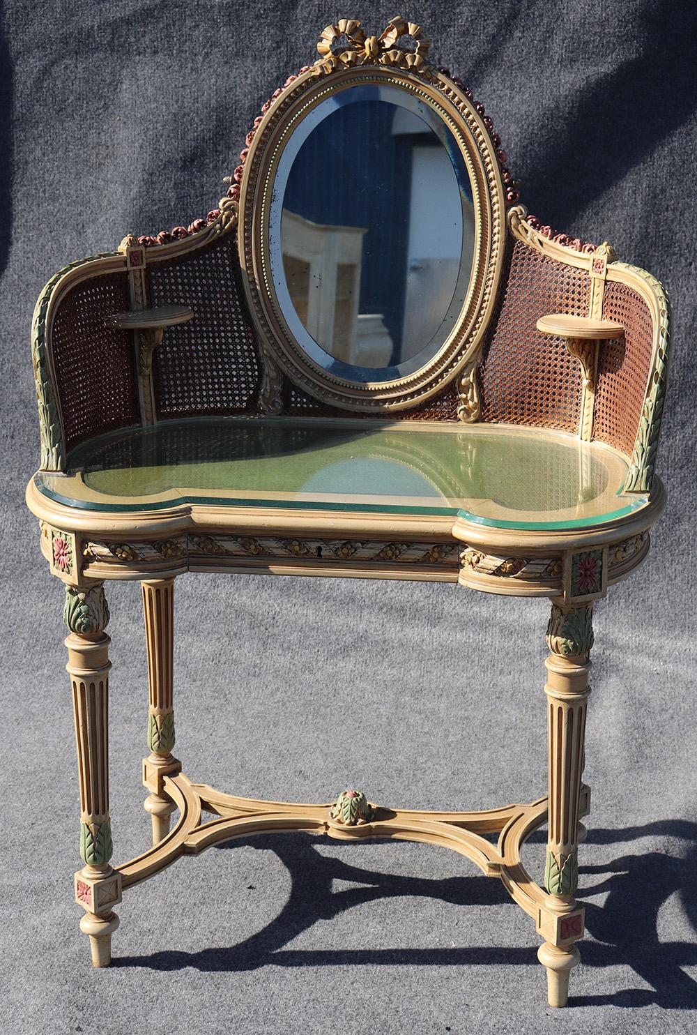Wood French Painted Floral Carved Cane Mirrored Ladies Vanity and Chair