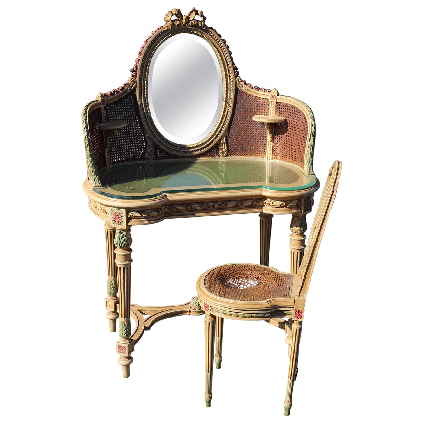 French Painted Floral Carved Cane Mirrored Ladies Vanity and Chair