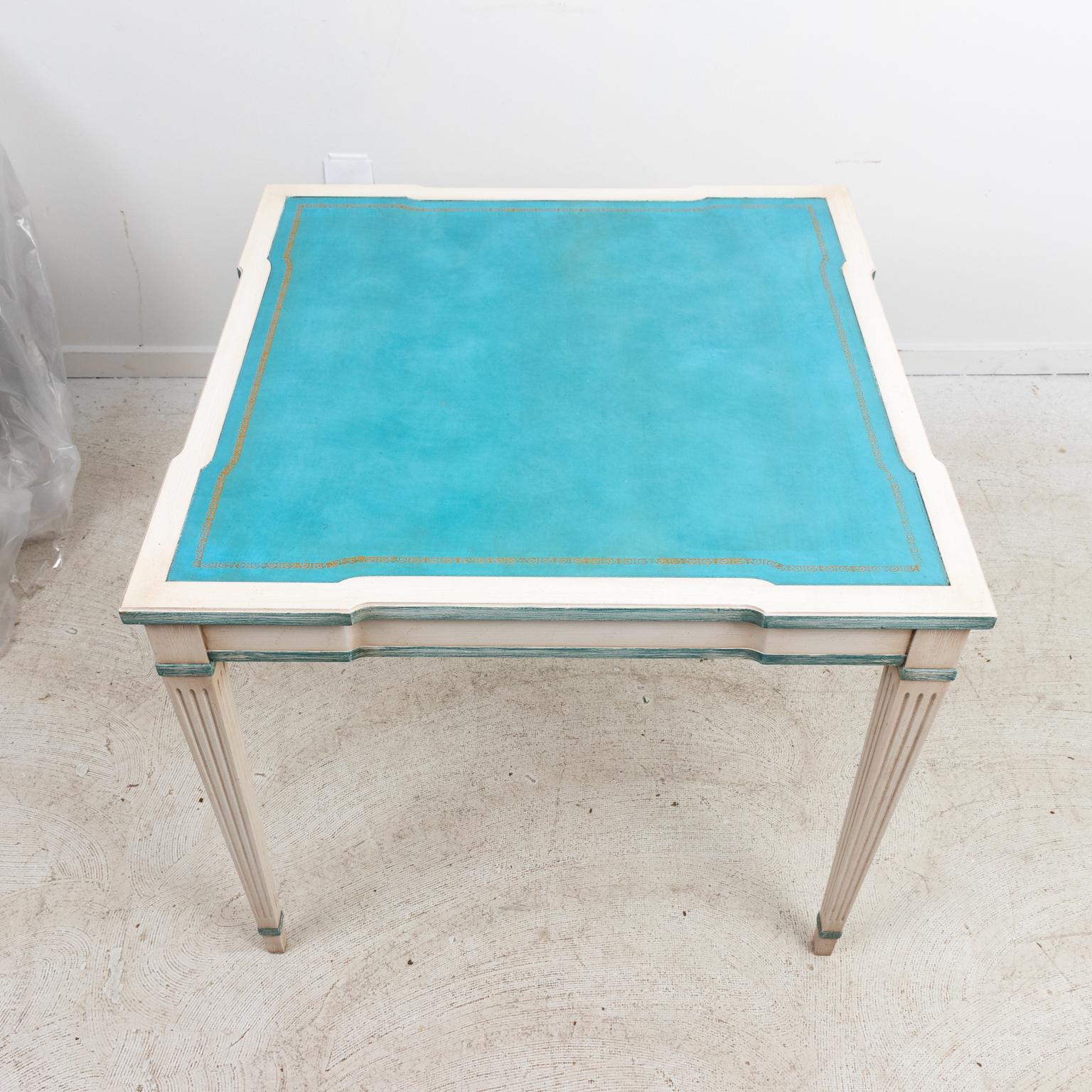 Louis XVI French Painted Game Table with Aqua Blue Tooled Leather Top