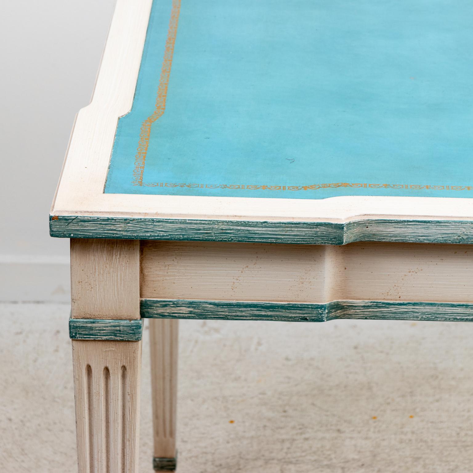 Mid-20th Century French Painted Game Table with Aqua Blue Tooled Leather Top