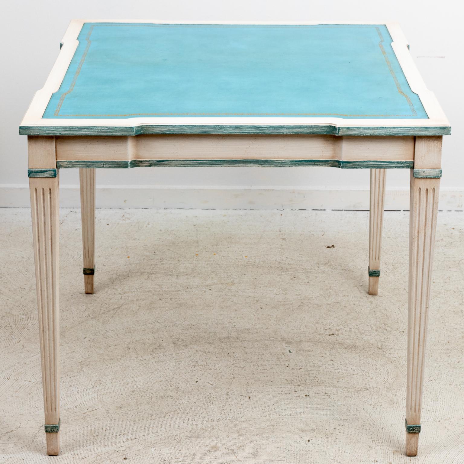 French Painted Game Table with Aqua Blue Tooled Leather Top 1