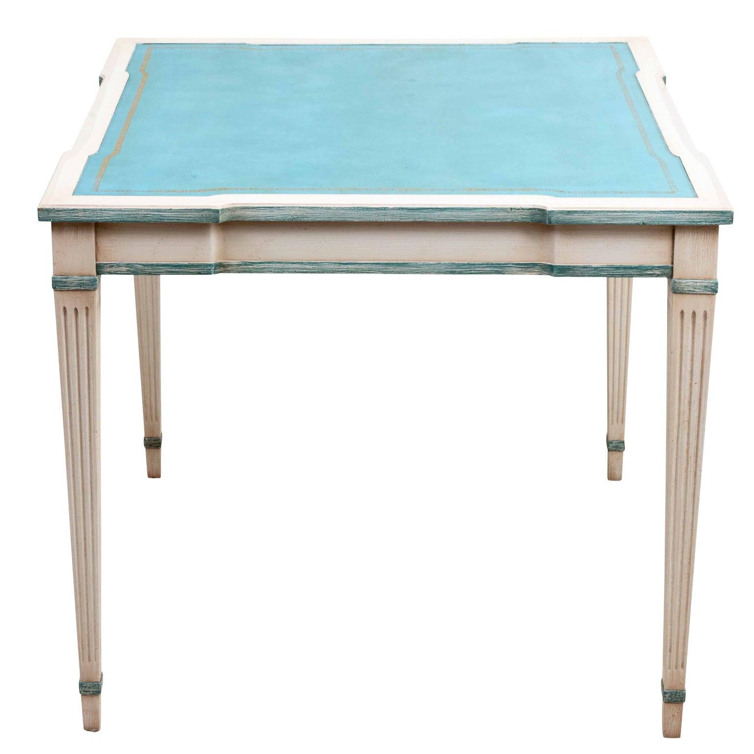 French Painted Game Table with Aqua Blue Tooled Leather Top