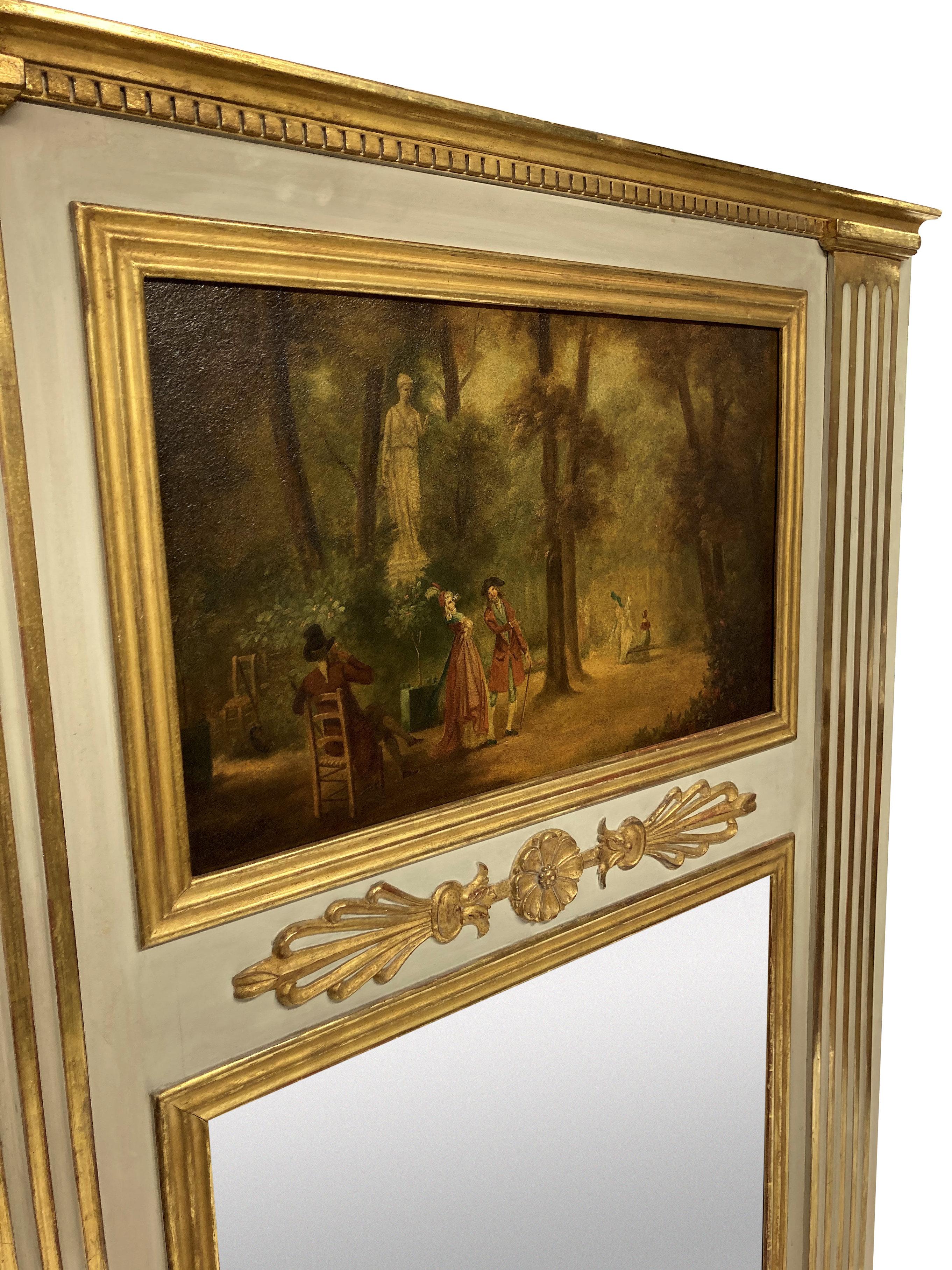 Bemalter und vergoldeter Trumeau-Spiegel mit bemalter Tafel (Französisch) im Angebot