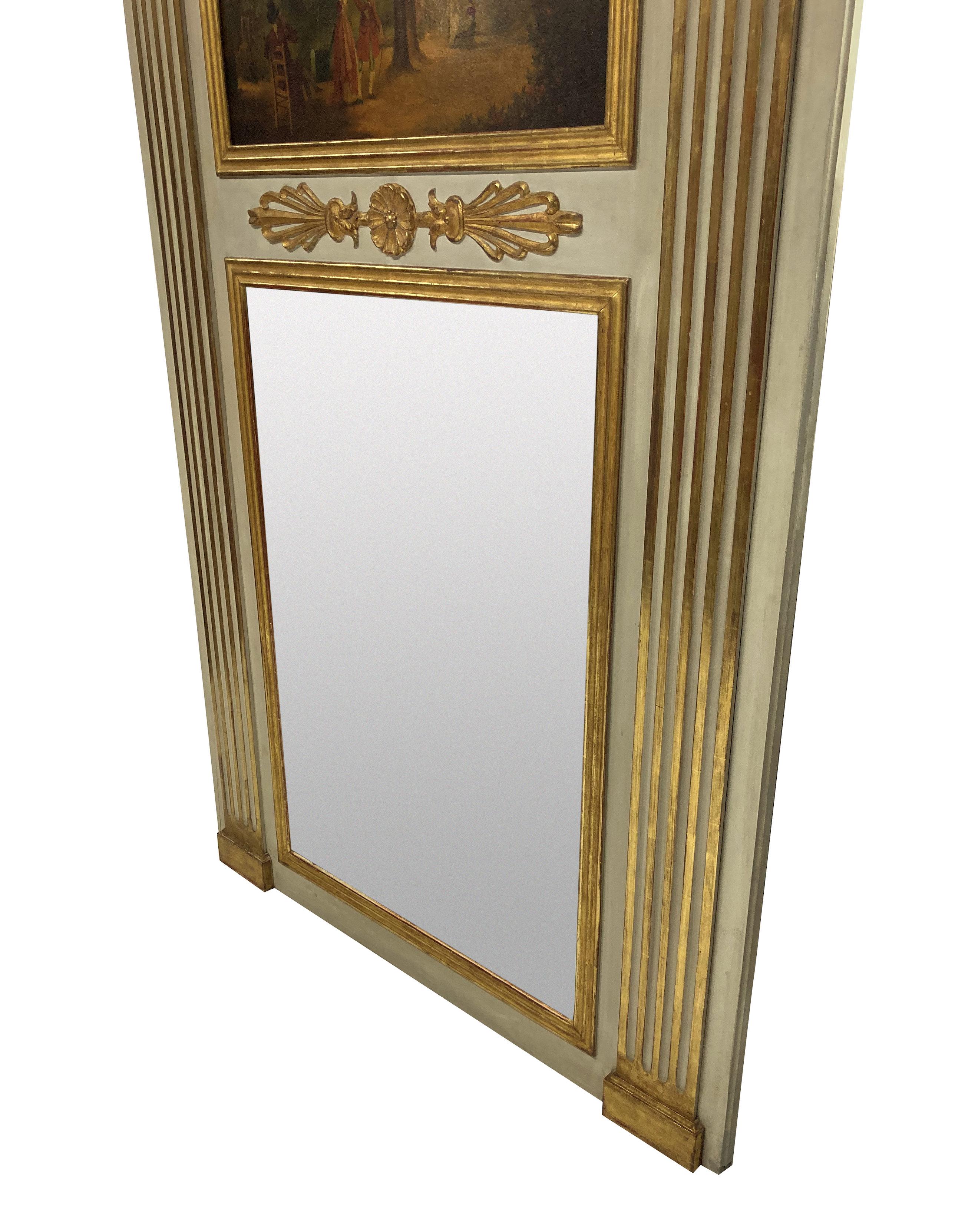 Mid-20th Century French Painted & Gilded Trumeau Mirror with Painted Panel
