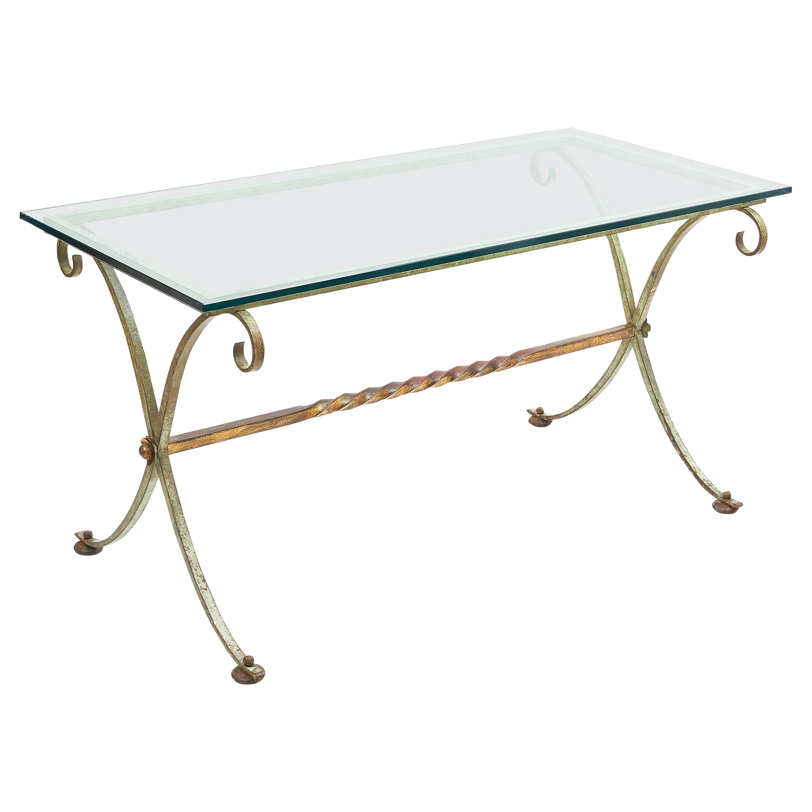 French Painted and Gilt Wrought Iron Base Table with Glass Top, circa 1940 For Sale