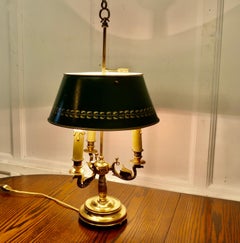 French Painted Green Toleware and Brass Triple Desk Lamp