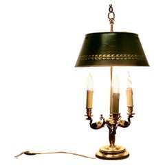 French Painted Green Toleware and Brass Triple Desk Lamp