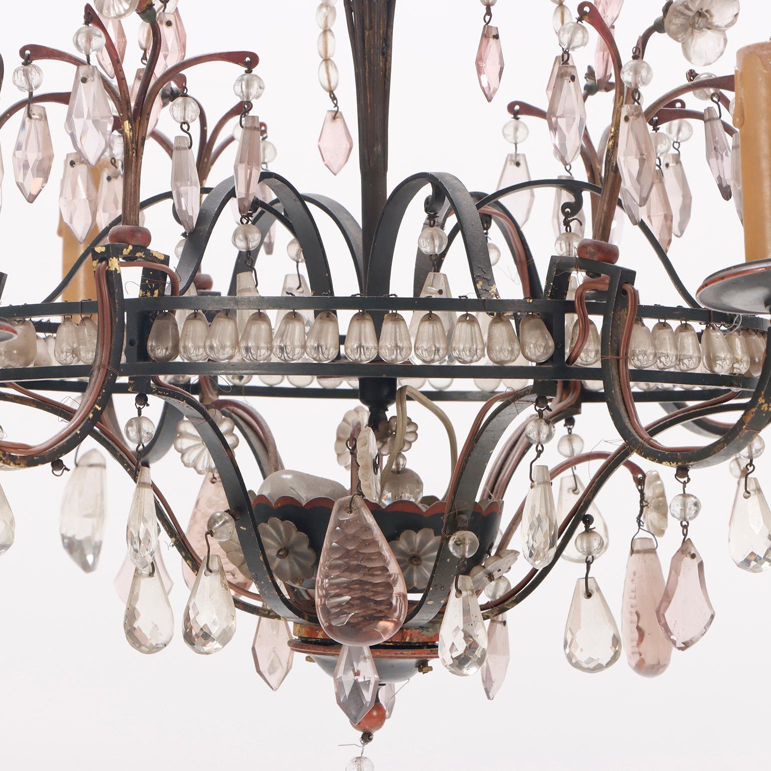 Mid-20th Century French painted iron and beaded chandelier in the manner of Bagues C 1940. For Sale