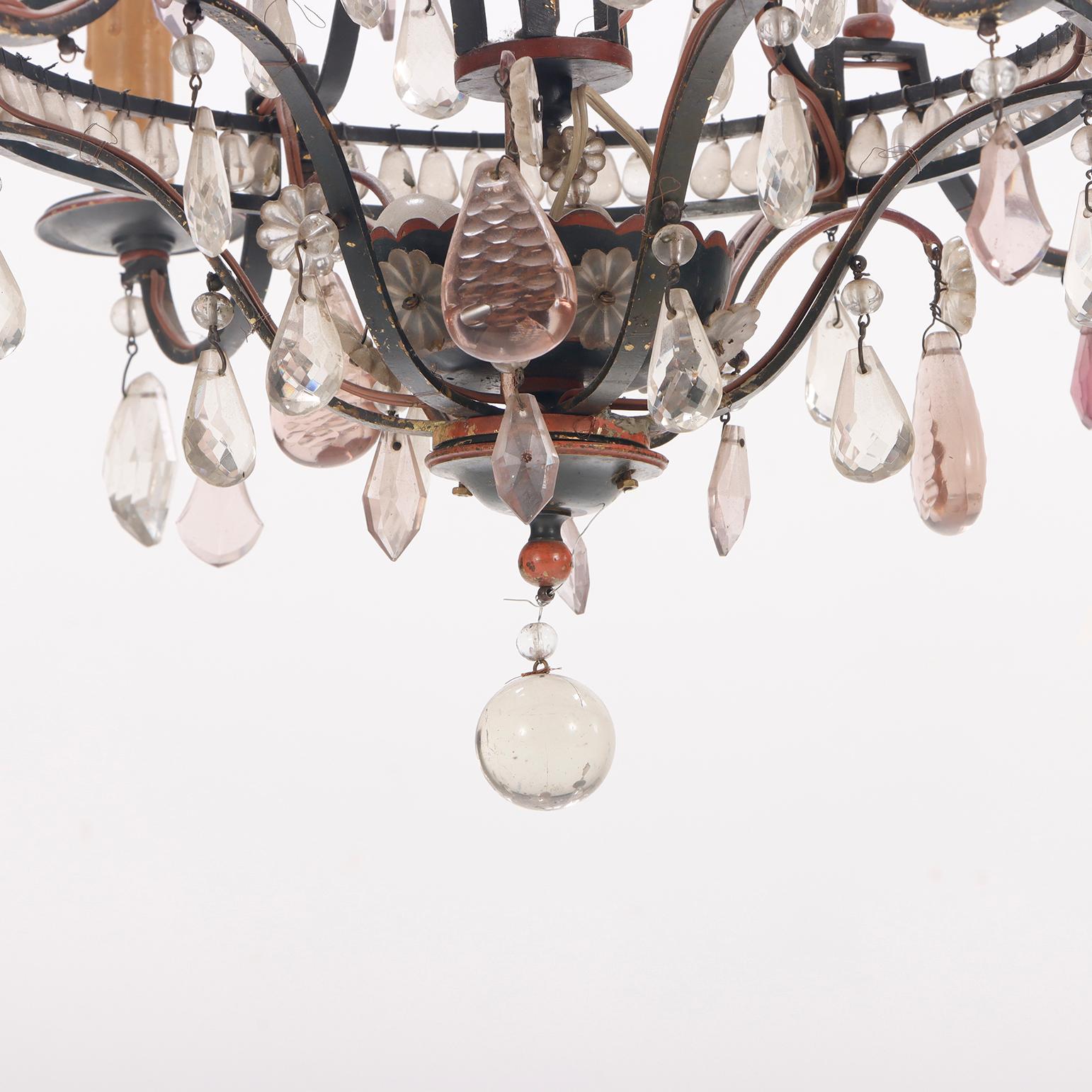 Iron French painted iron and beaded chandelier in the manner of Bagues C 1940. For Sale