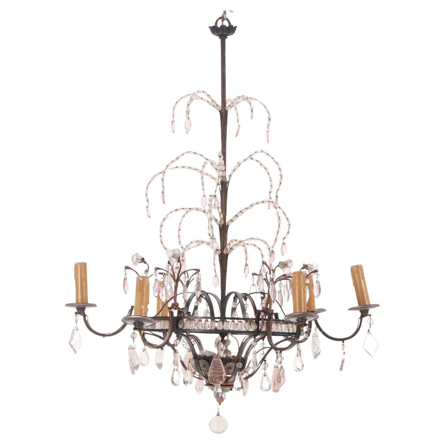 French painted iron and beaded chandelier in the manner of Bagues C 1940.