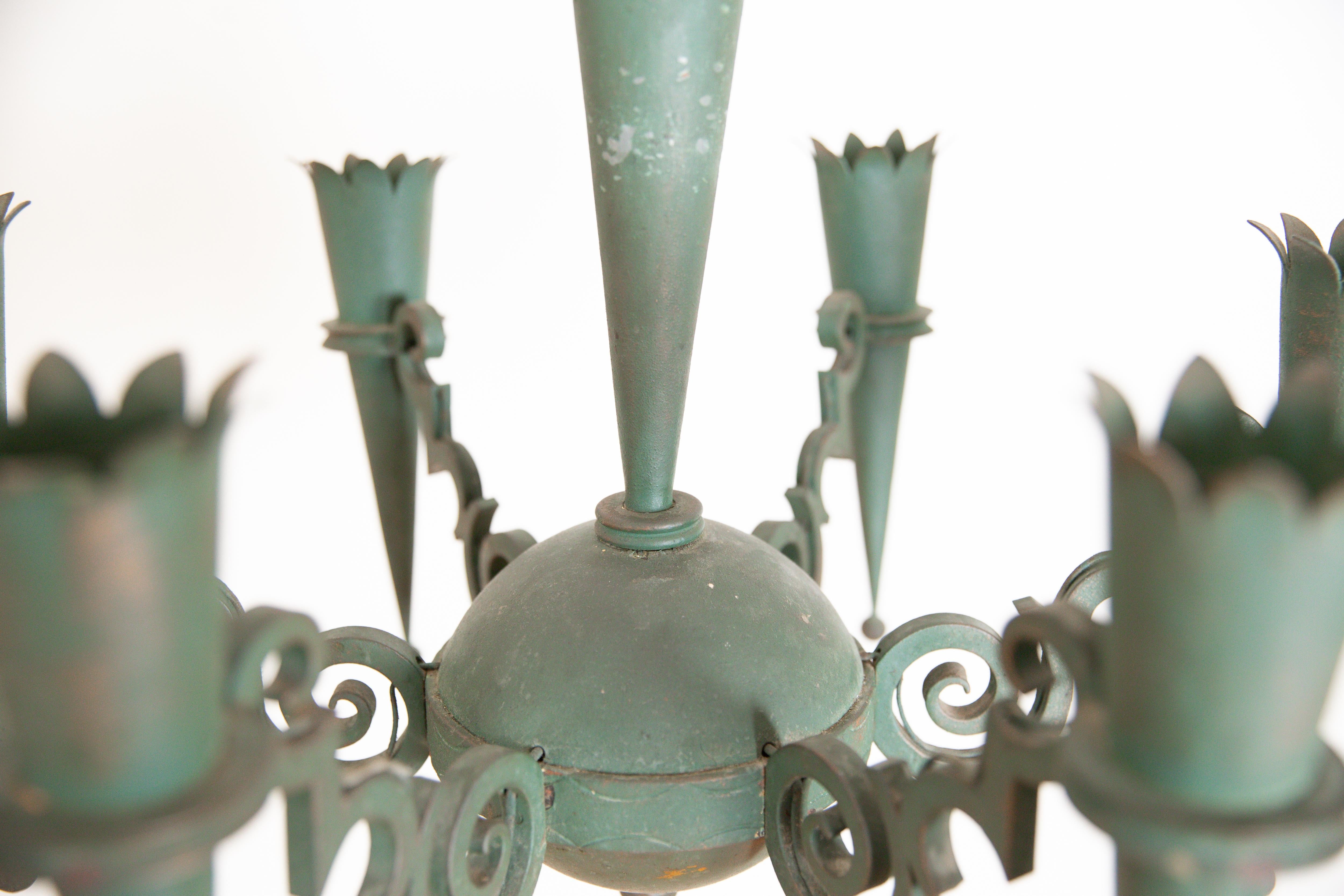 Mid-20th Century French Painted Iron and Metal Art Deco 6-Light Chandelier, 2nd quarter 20th cen. For Sale