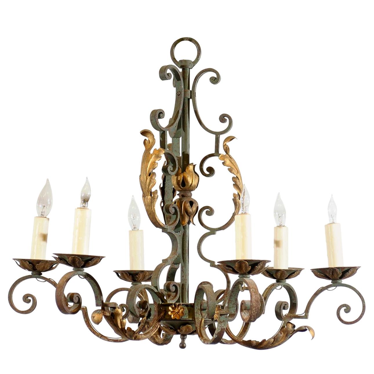 French Painted Iron Gilt 6-Light Chandelier, 20th Century