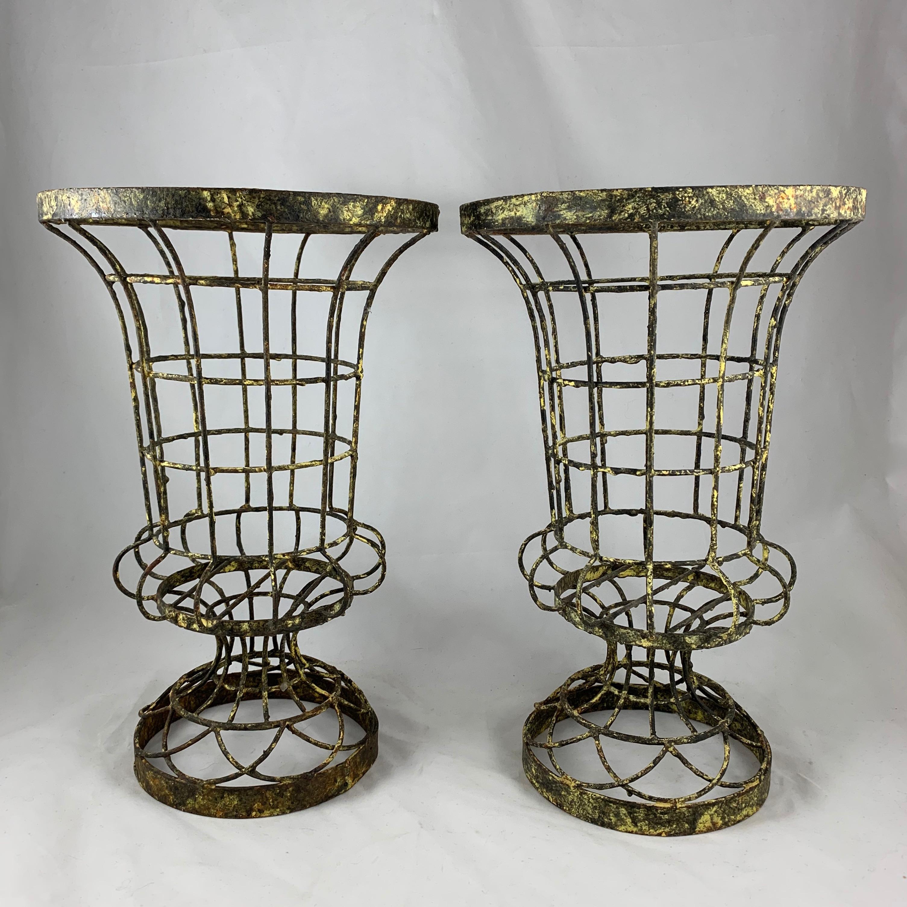 French Provincial French Painted Iron Jardinière Garden Topiary Planters w/ Trellis Tops 4 Pc. Set