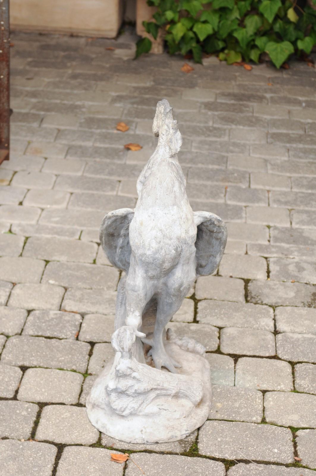 French Painted Lead Lifesize Crowing Rooster Sculpture on Base, circa 1920 For Sale 3