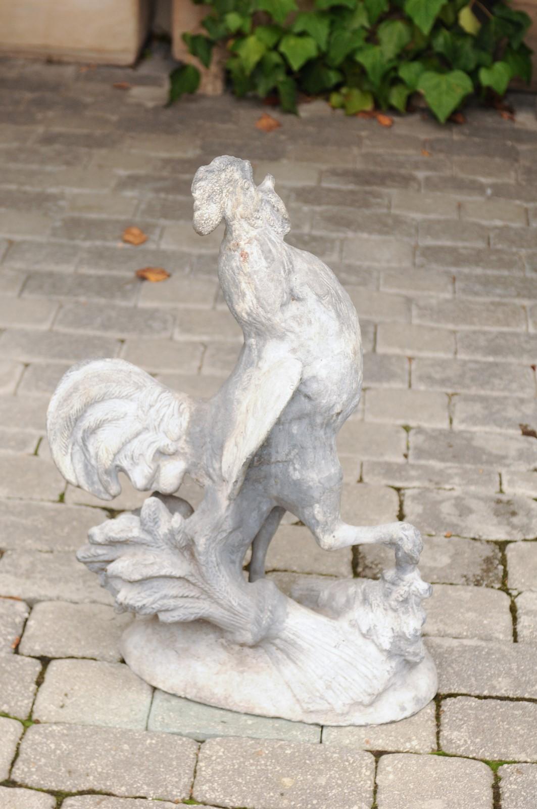 French Painted Lead Lifesize Crowing Rooster Sculpture on Base, circa 1920 For Sale 4