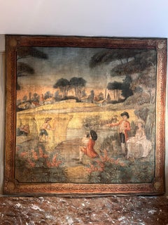 French Painted Linen Wall Panel Depicting a Pastoral Harvest Scene