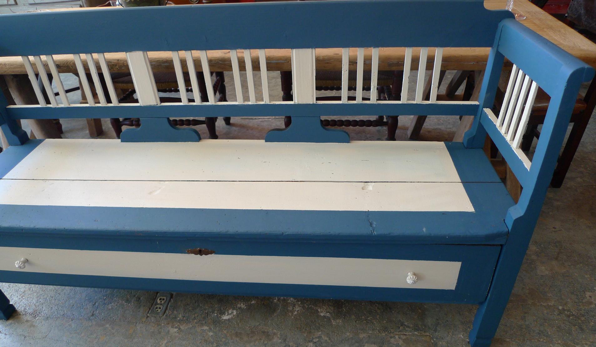 French Painted Long Bench with 2 Side Arms, High Back and a Long Deep Drawer 4