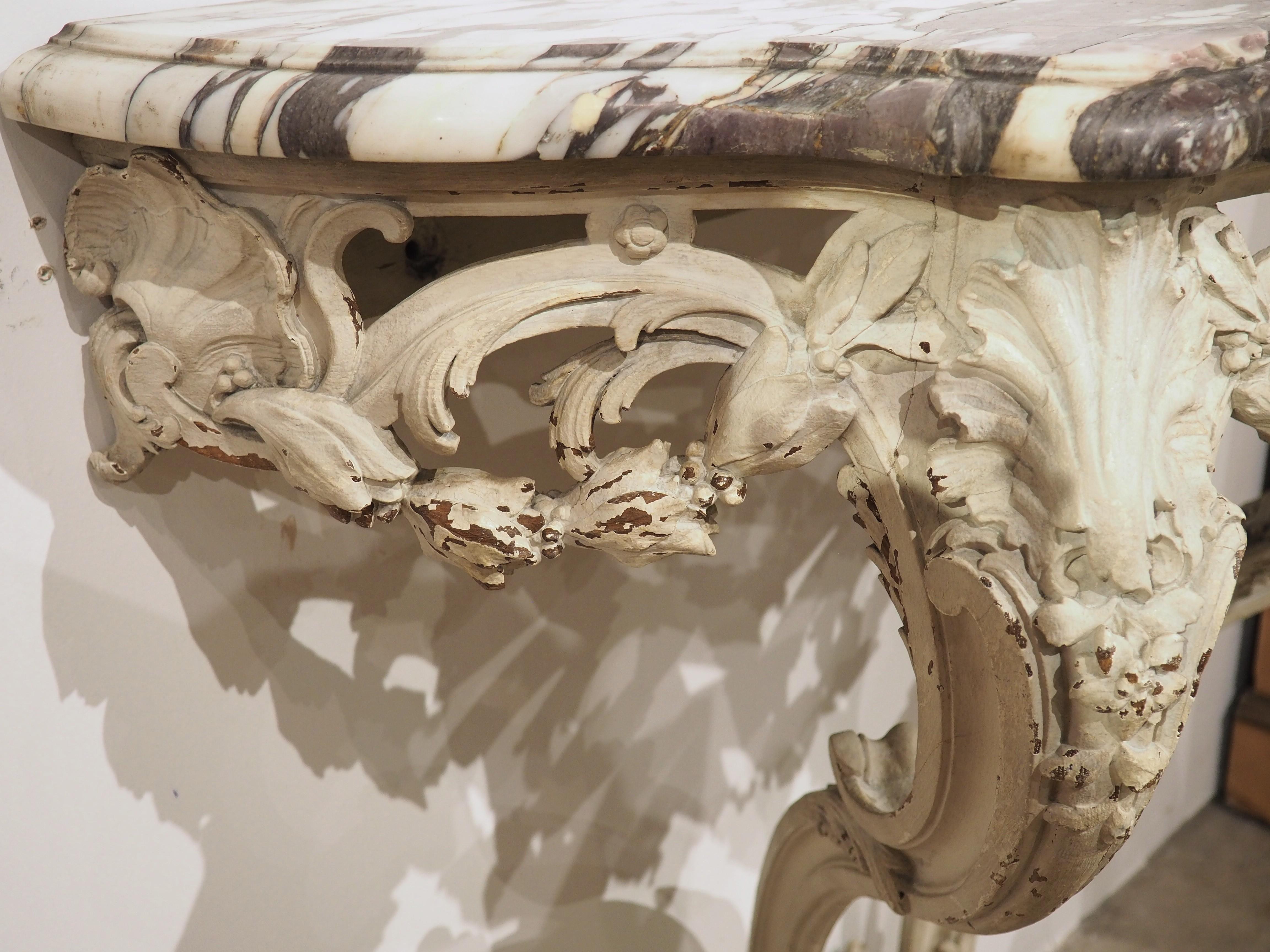 French Painted Louis XV Style Console Table, Breche Violette Marble Top, C. 1850 For Sale 4