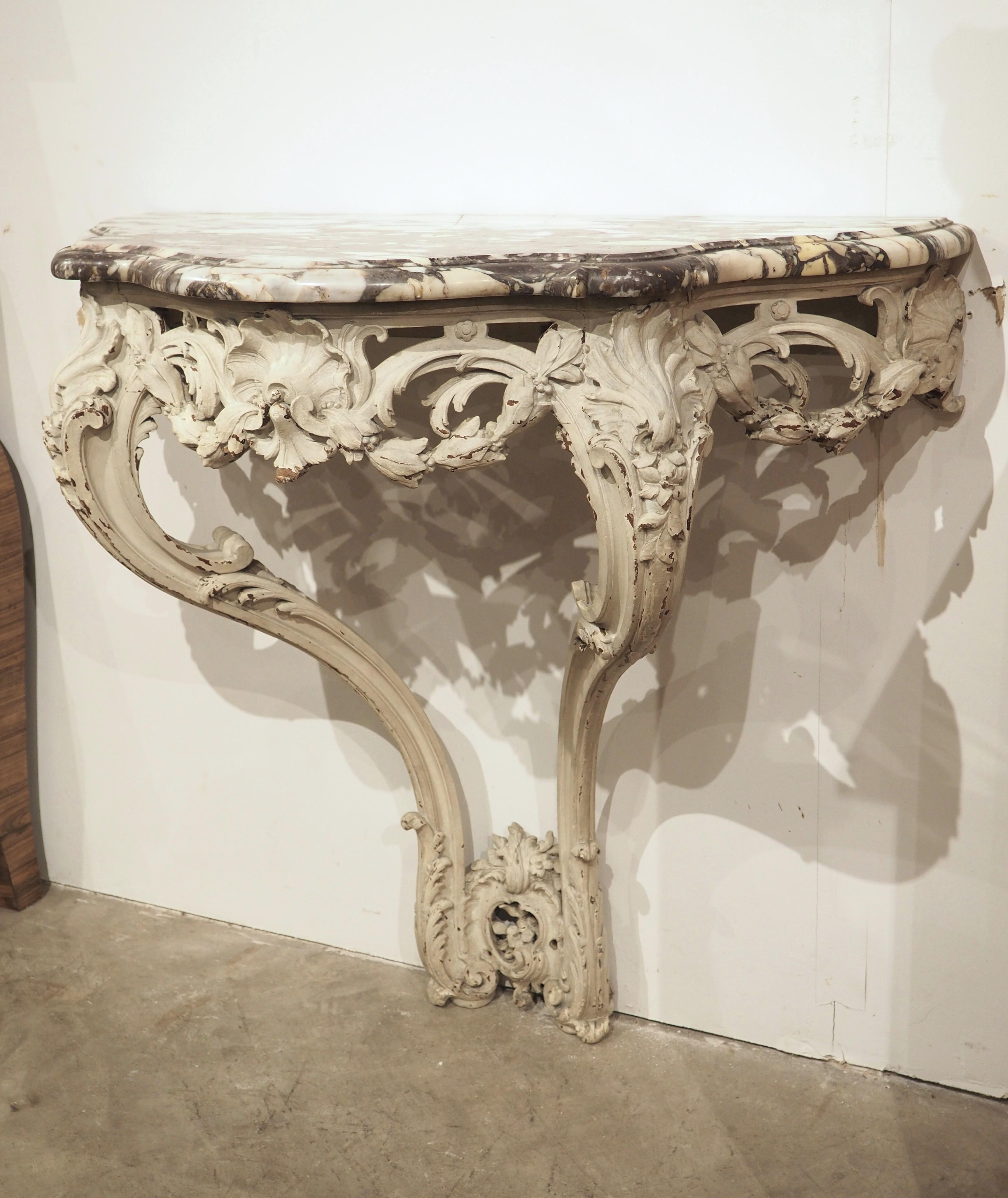 French Painted Louis XV Style Console Table, Breche Violette Marble Top, C. 1850 For Sale 5