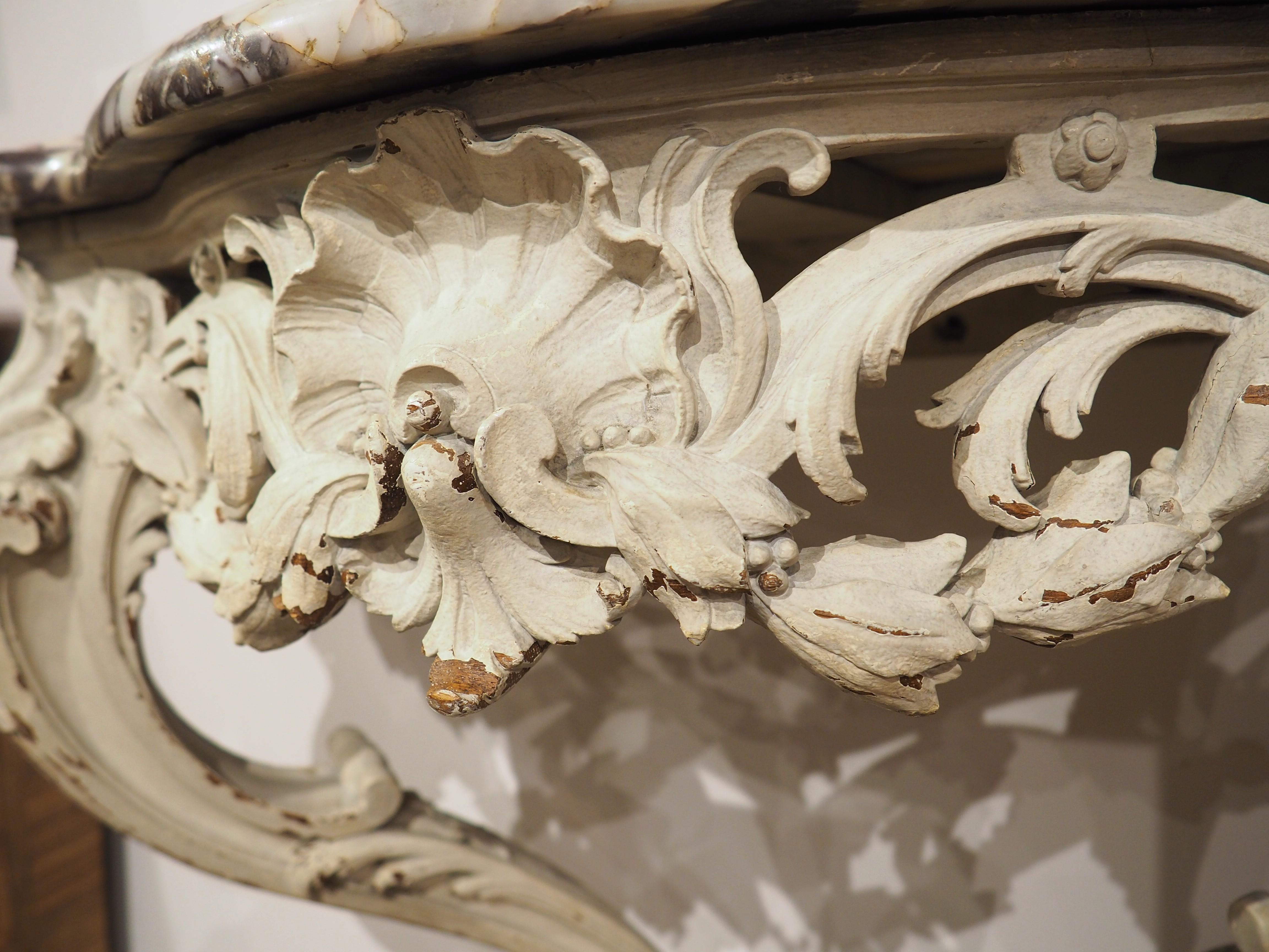 French Painted Louis XV Style Console Table, Breche Violette Marble Top, C. 1850 For Sale 8