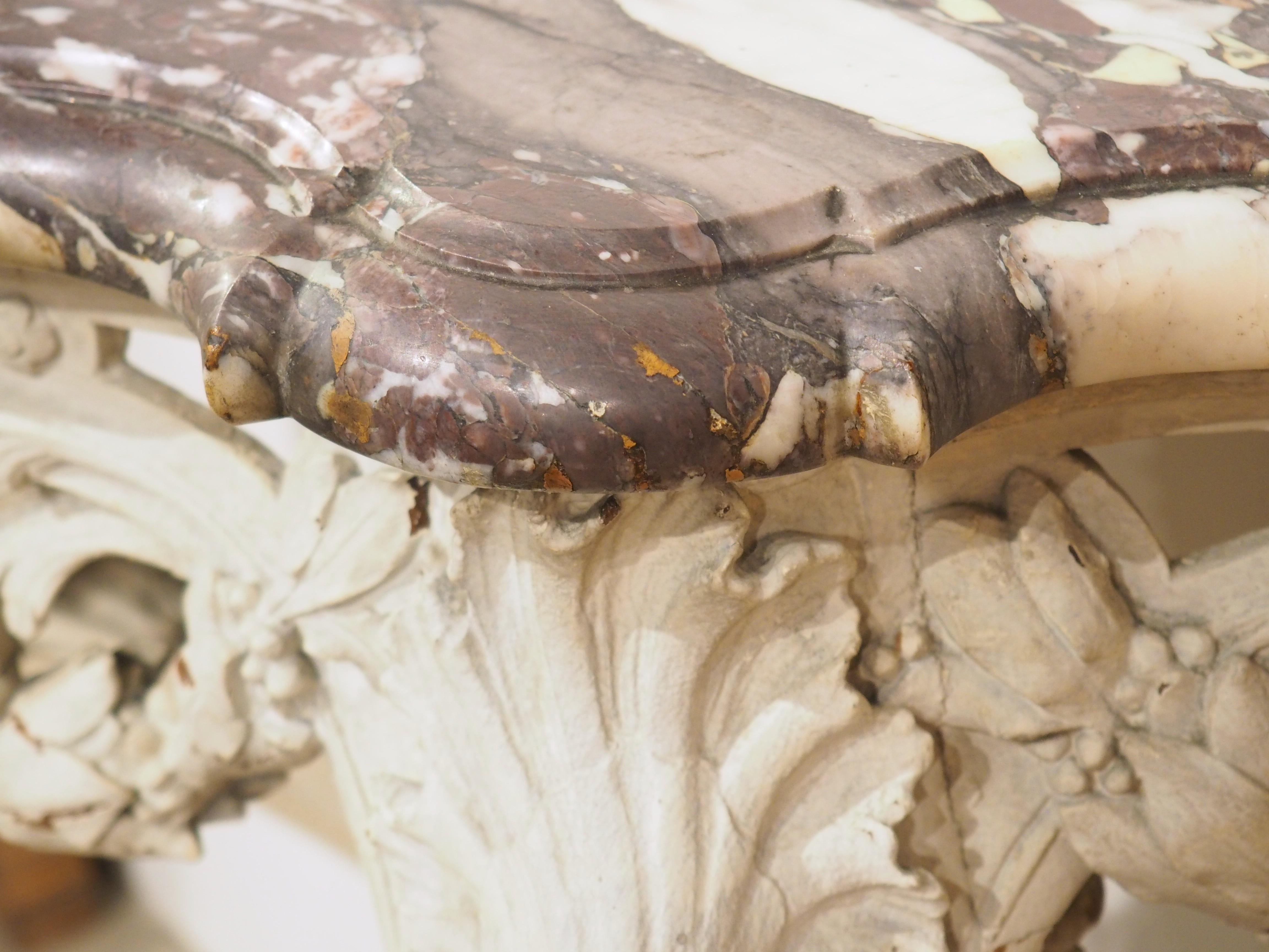 French Painted Louis XV Style Console Table, Breche Violette Marble Top, C. 1850 For Sale 10