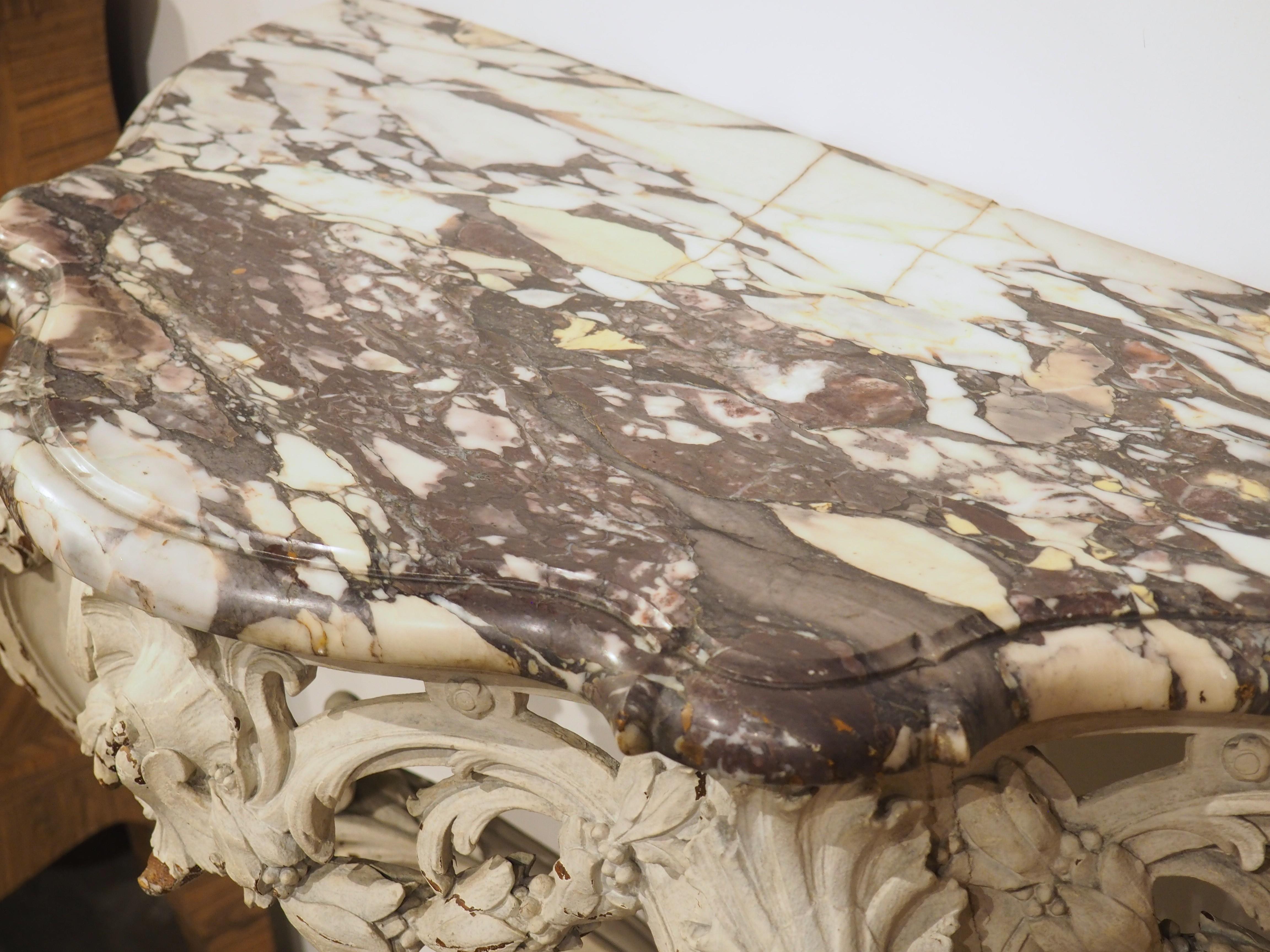 French Painted Louis XV Style Console Table, Breche Violette Marble Top, C. 1850 For Sale 11