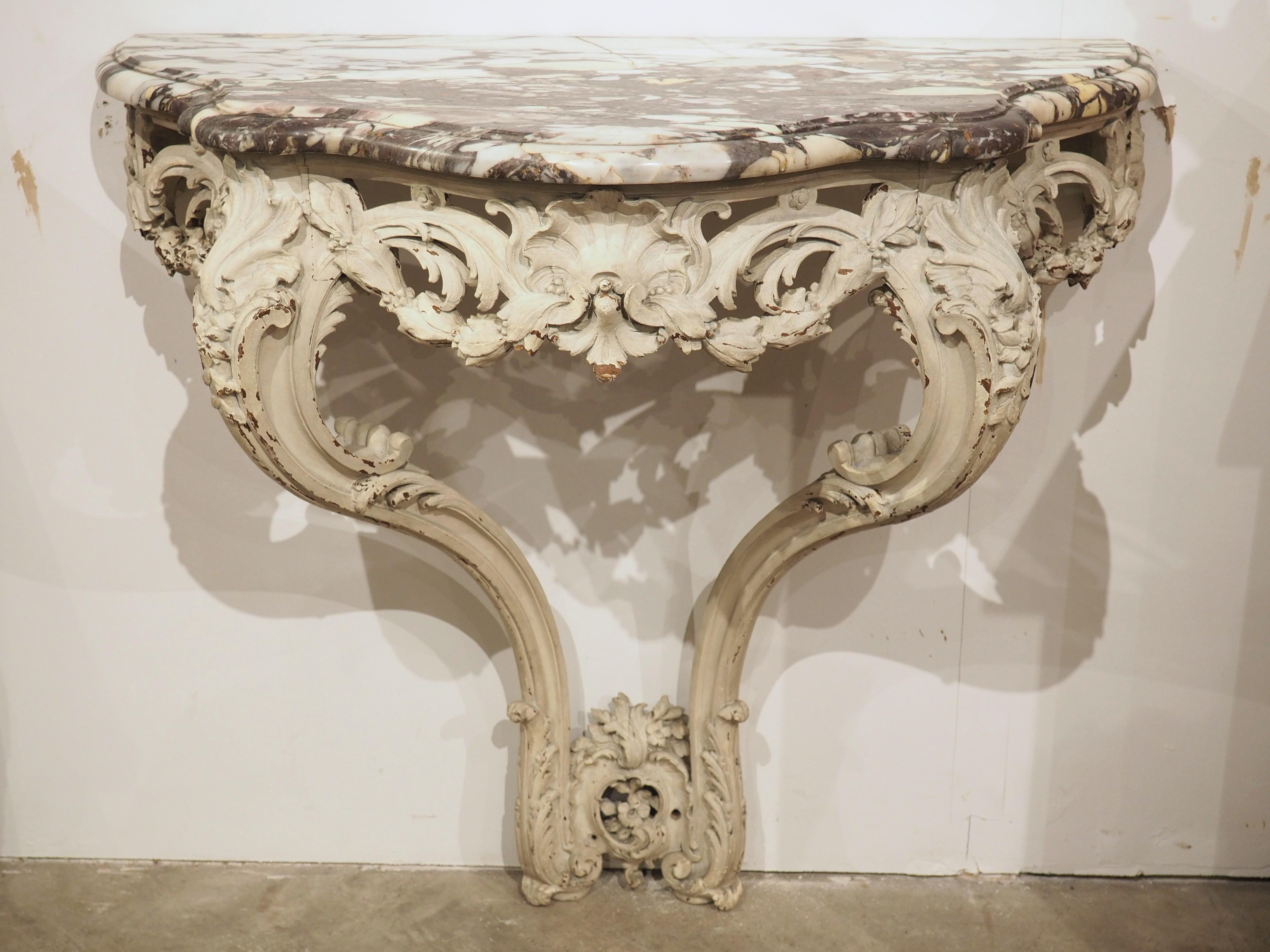 French Painted Louis XV Style Console Table, Breche Violette Marble Top, C. 1850 For Sale 12