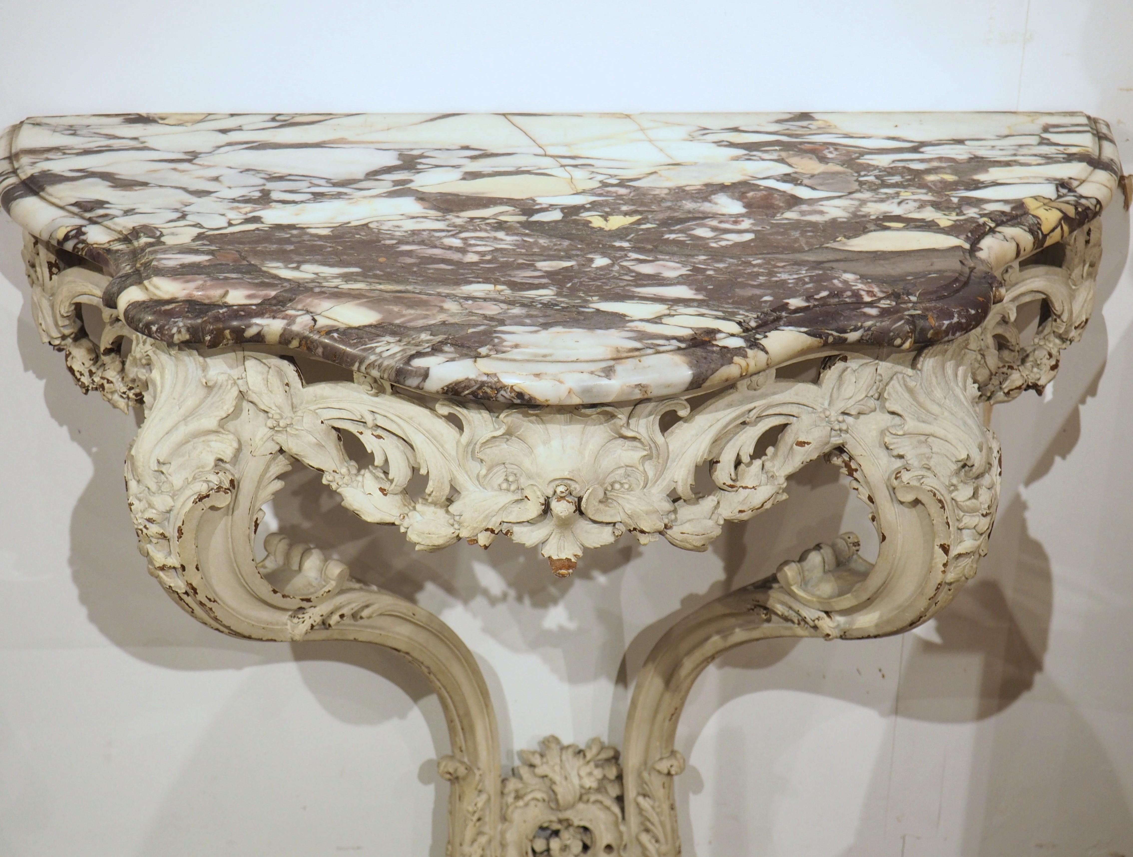 19th Century French Painted Louis XV Style Console Table, Breche Violette Marble Top, C. 1850 For Sale