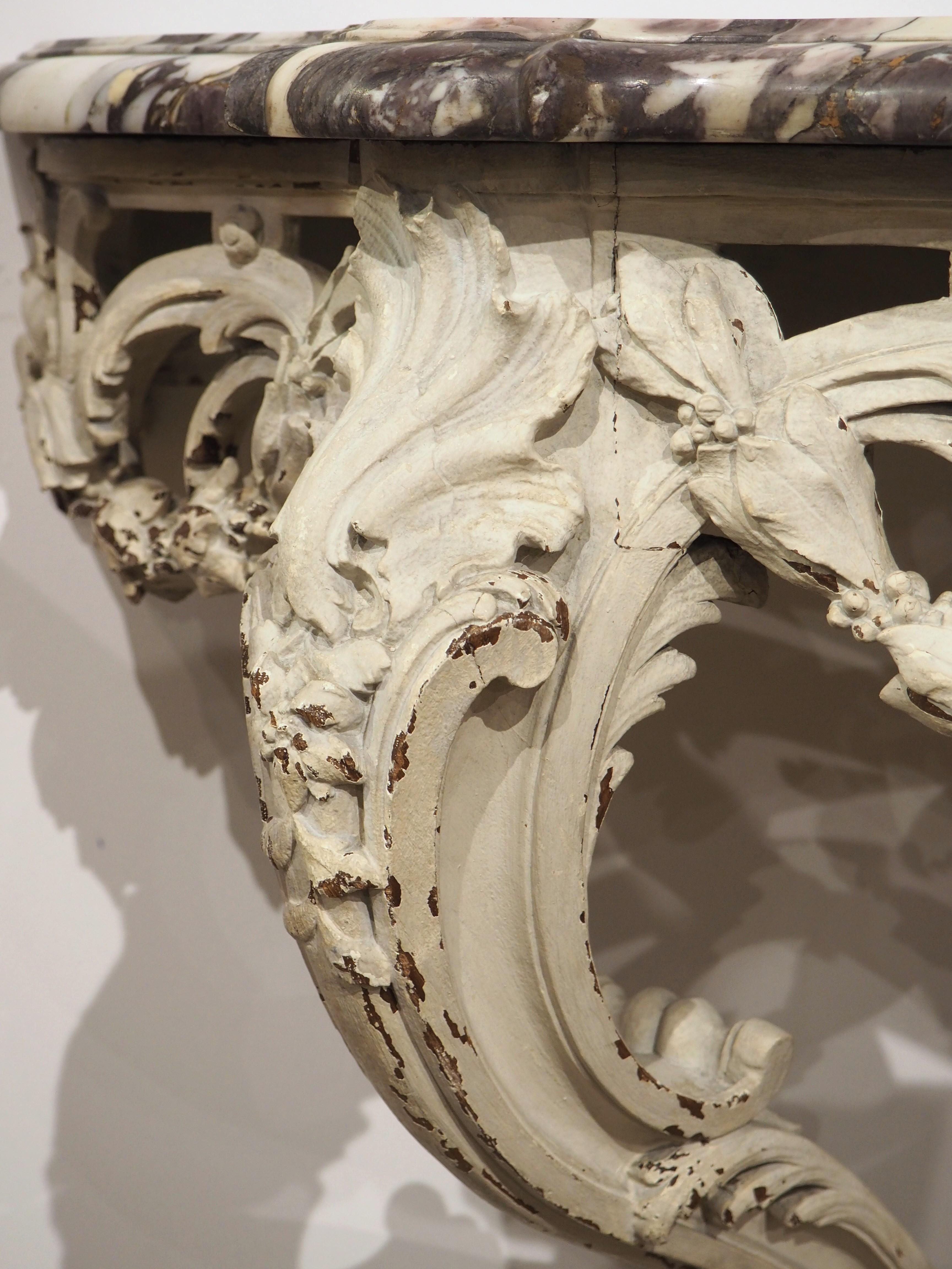 French Painted Louis XV Style Console Table, Breche Violette Marble Top, C. 1850 For Sale 1