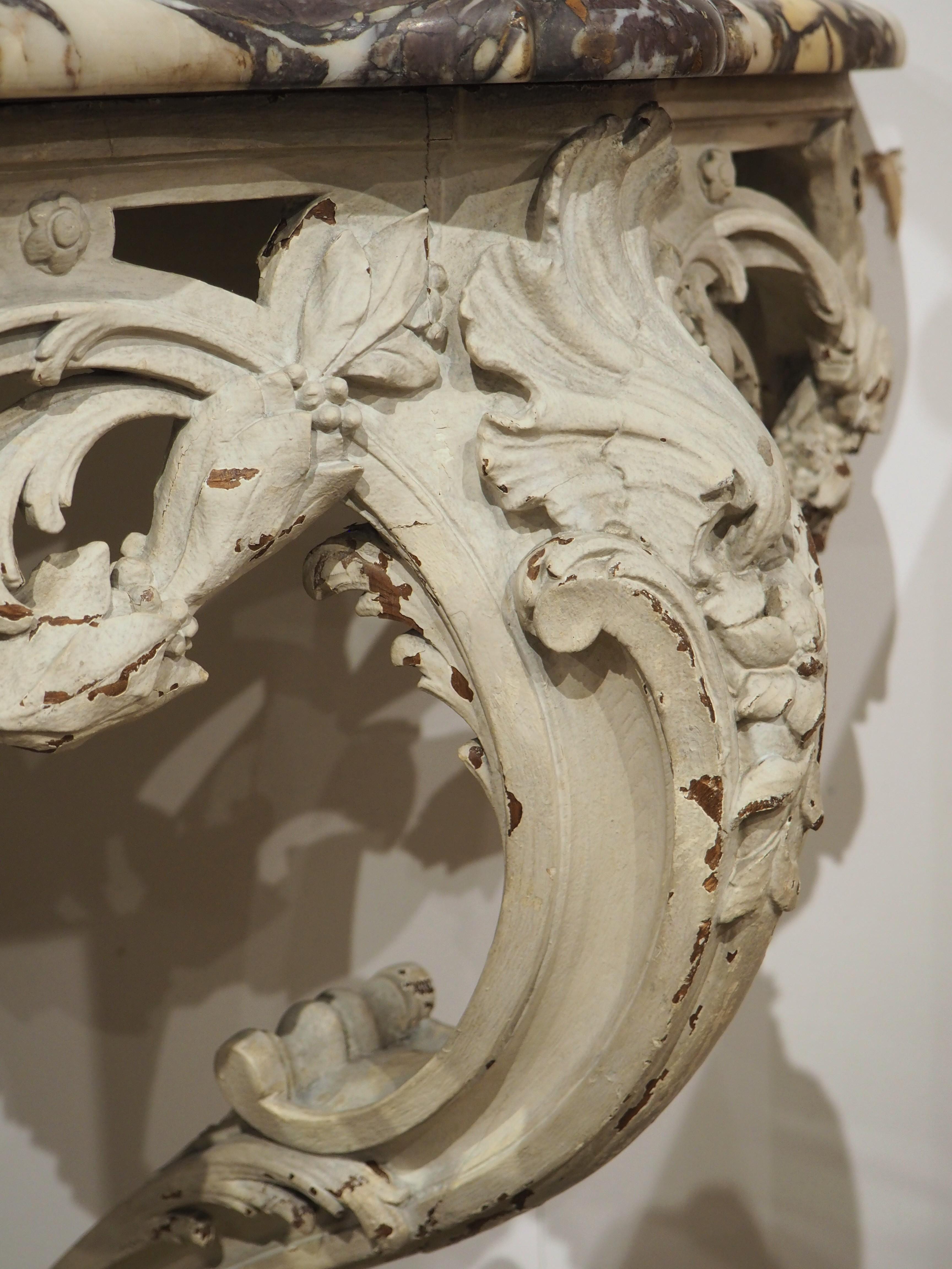 French Painted Louis XV Style Console Table, Breche Violette Marble Top, C. 1850 For Sale 2