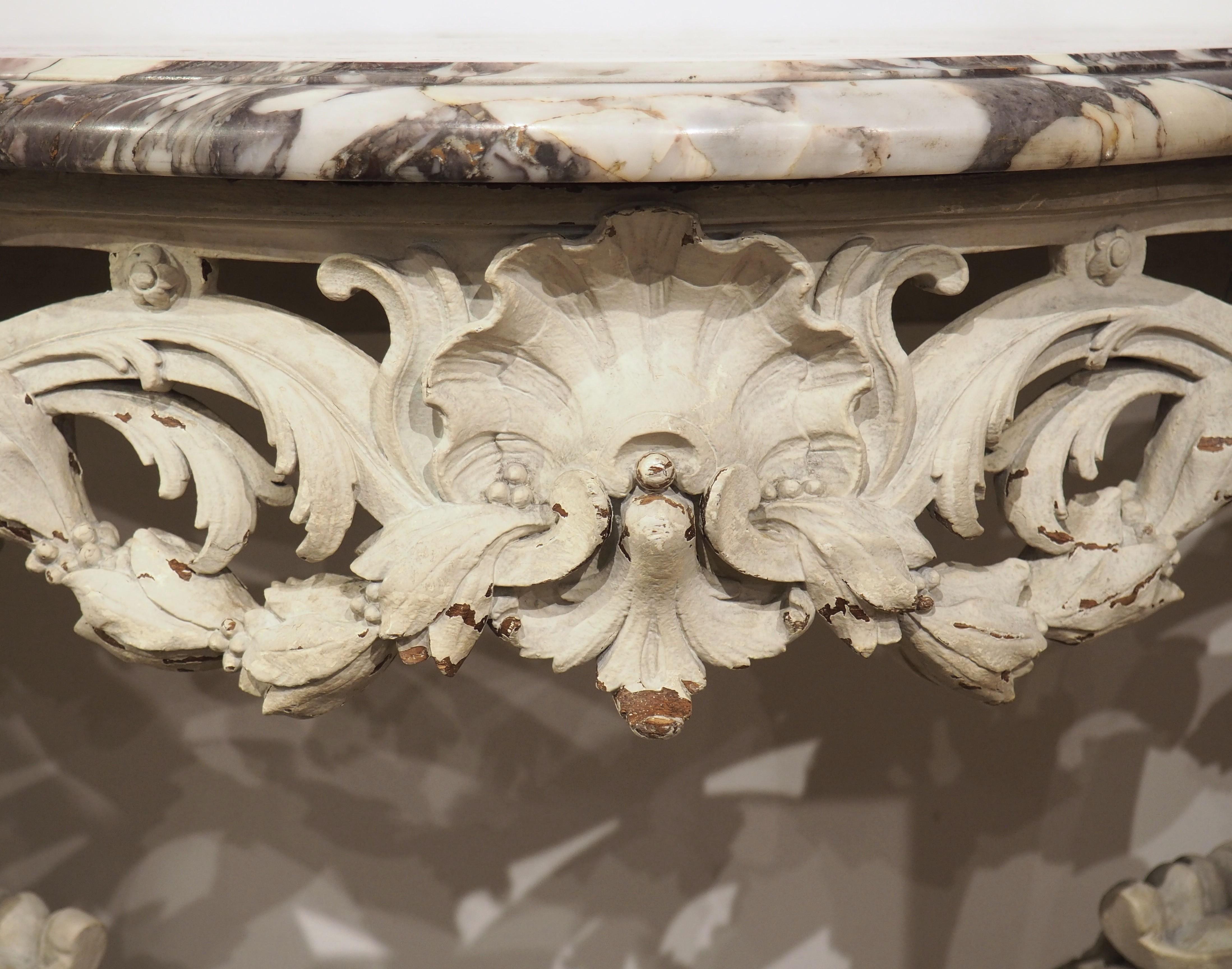 French Painted Louis XV Style Console Table, Breche Violette Marble Top, C. 1850 For Sale 3