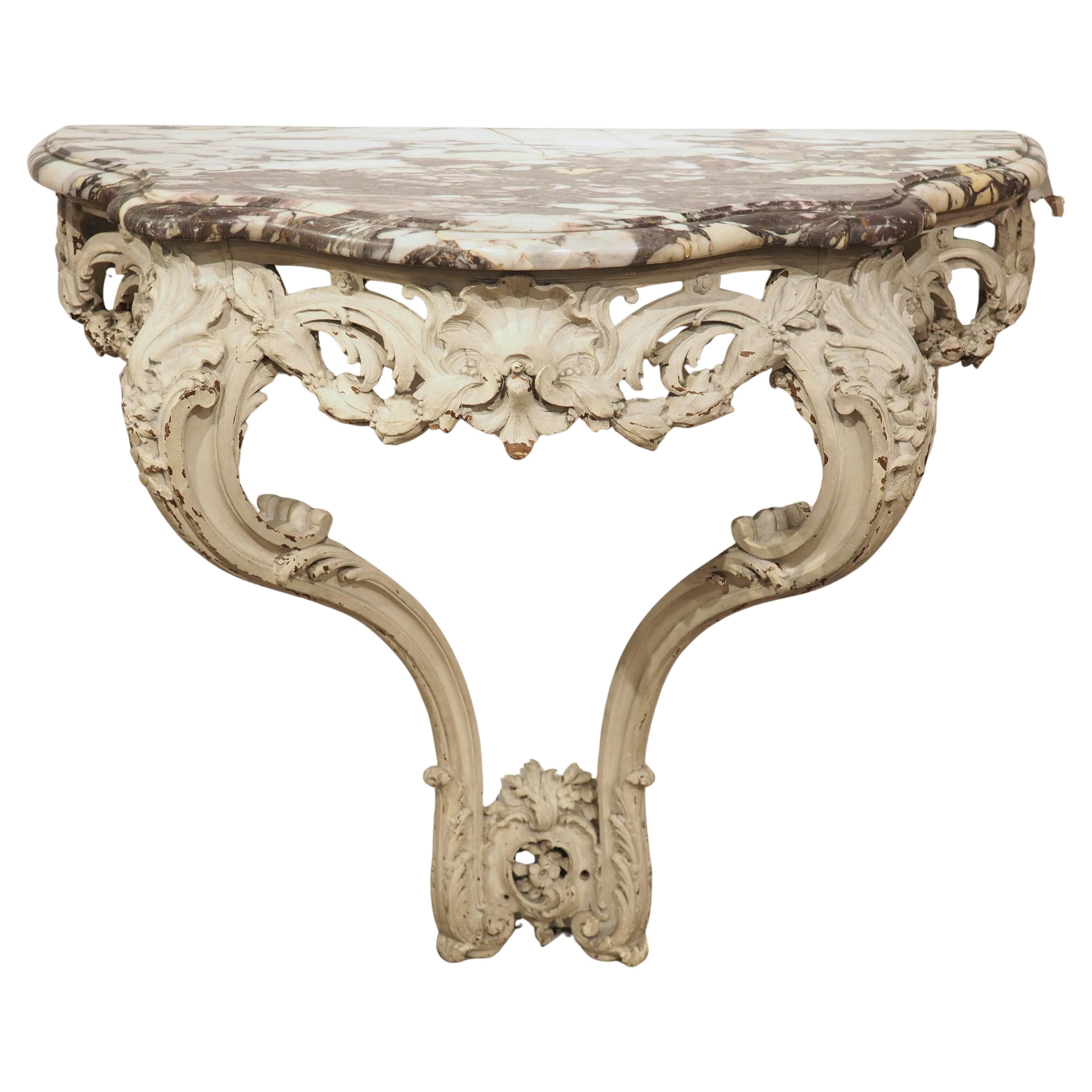 French Painted Louis XV Style Console Table, Breche Violette Marble Top, C. 1850