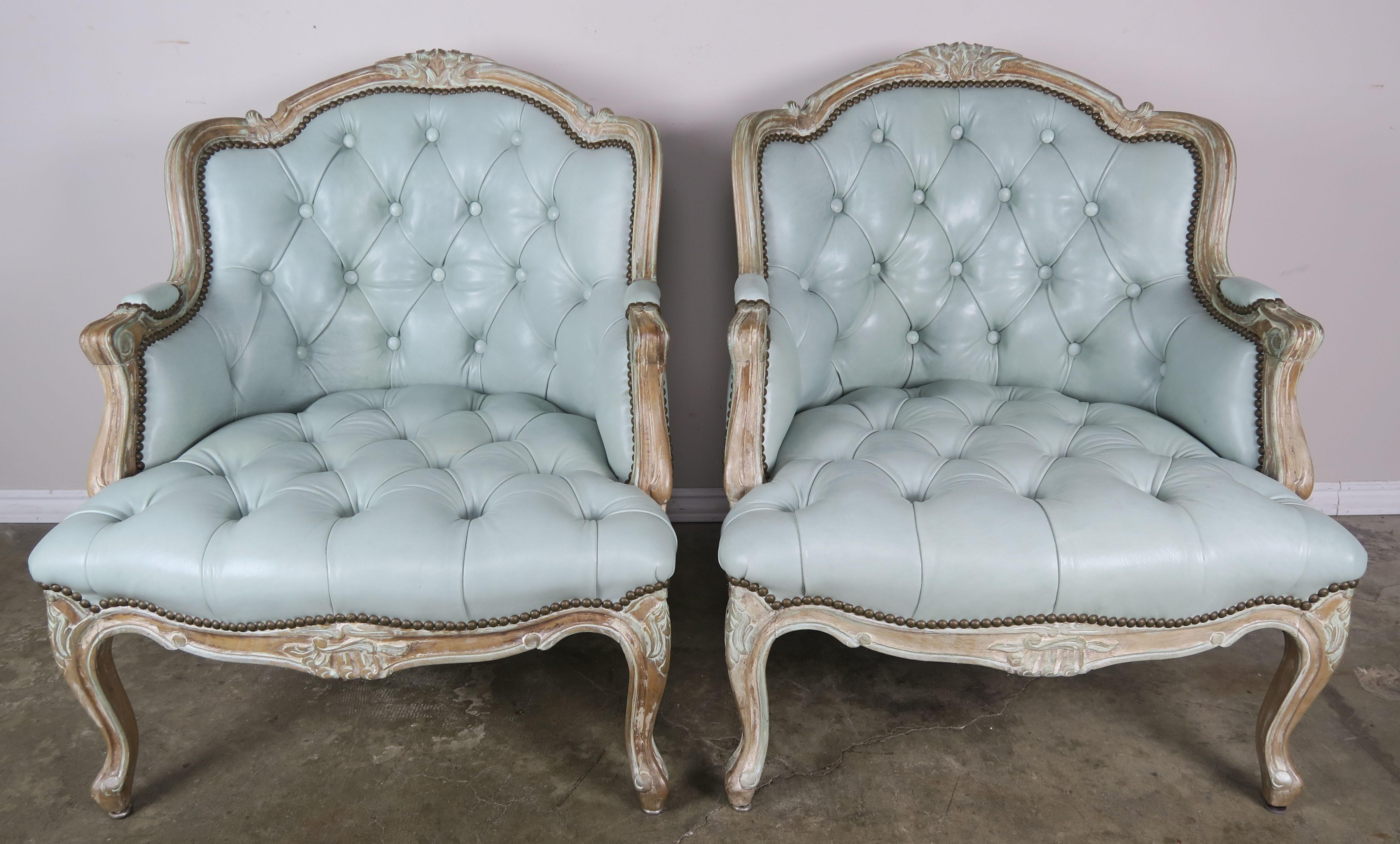 French Painted Louis XV Style Leather Tufted Bergeres, Pair 5