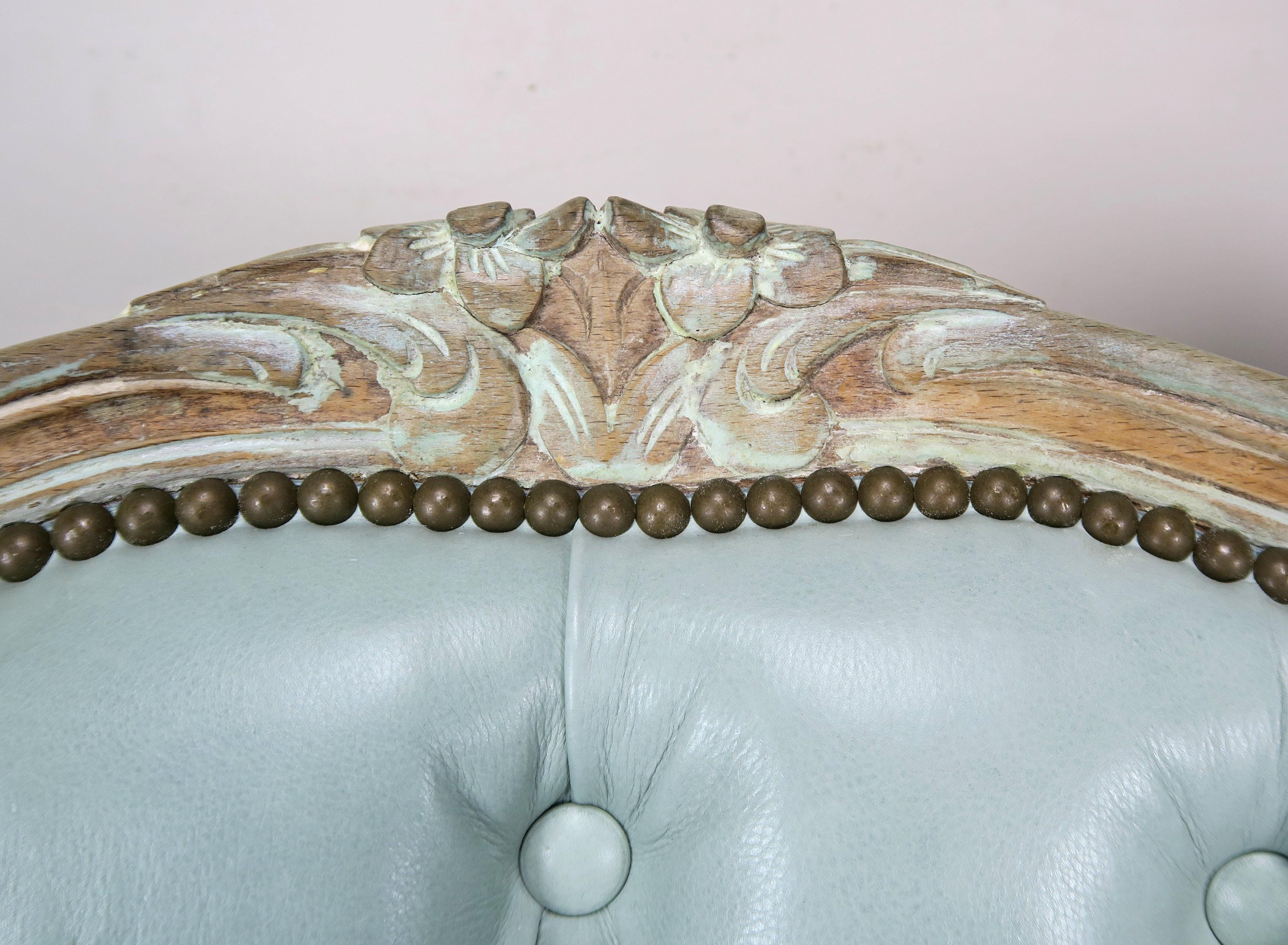 Bleached French Painted Louis XV Style Leather Tufted Bergeres, Pair