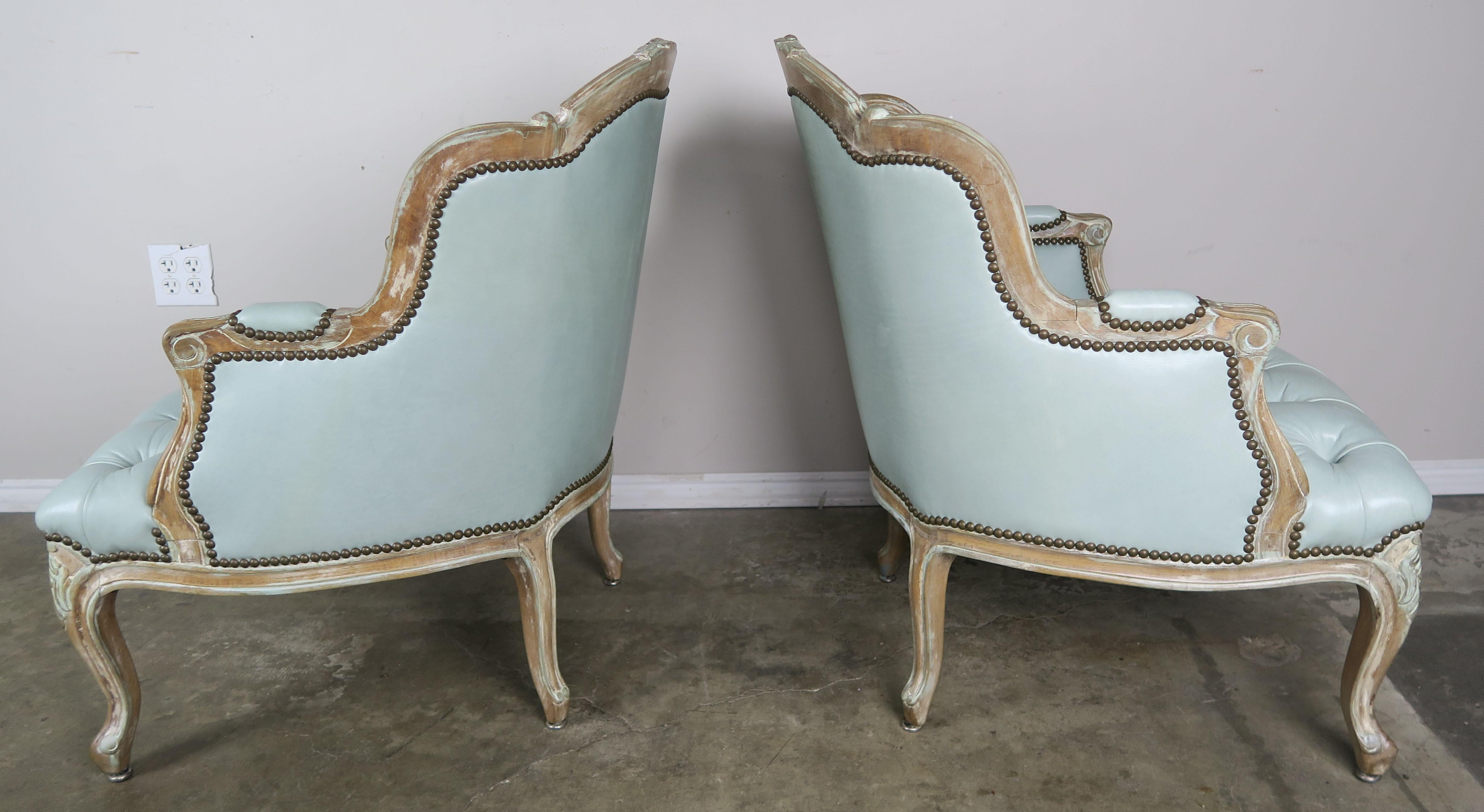 19th Century French Painted Louis XV Style Leather Tufted Bergeres, Pair