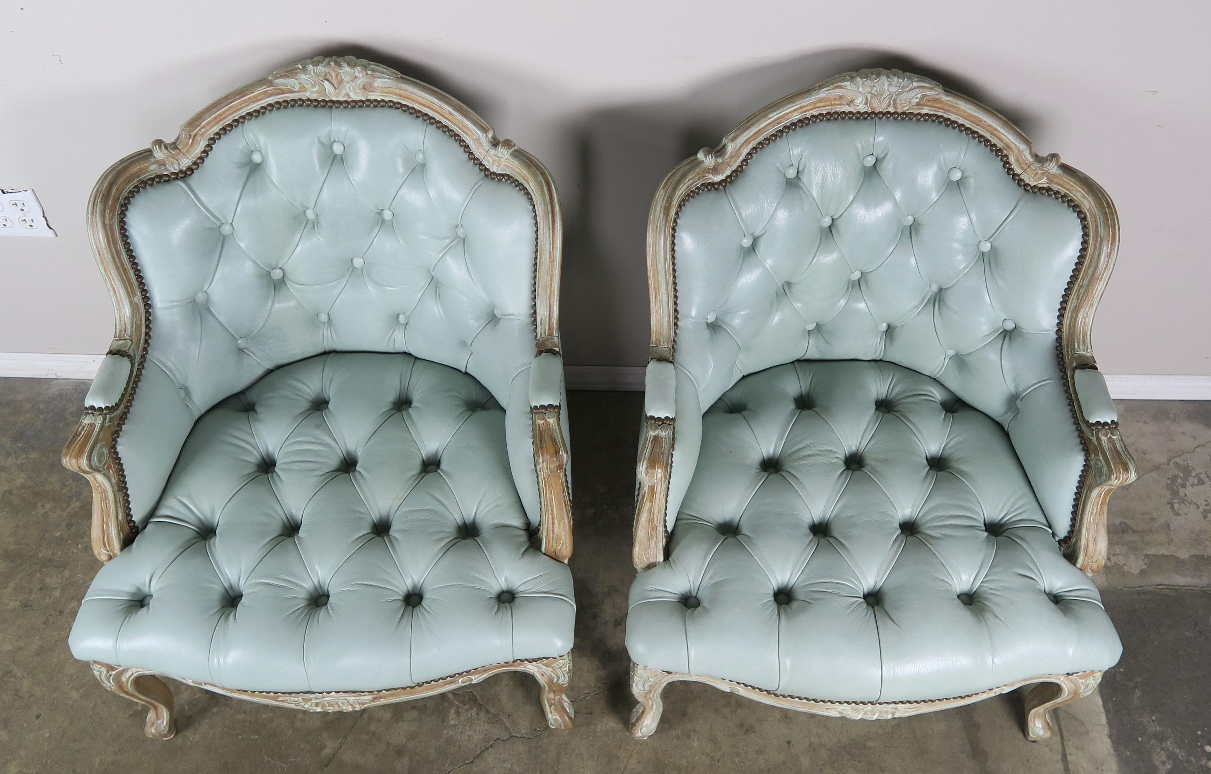 French Painted Louis XV Style Leather Tufted Bergeres, Pair 3