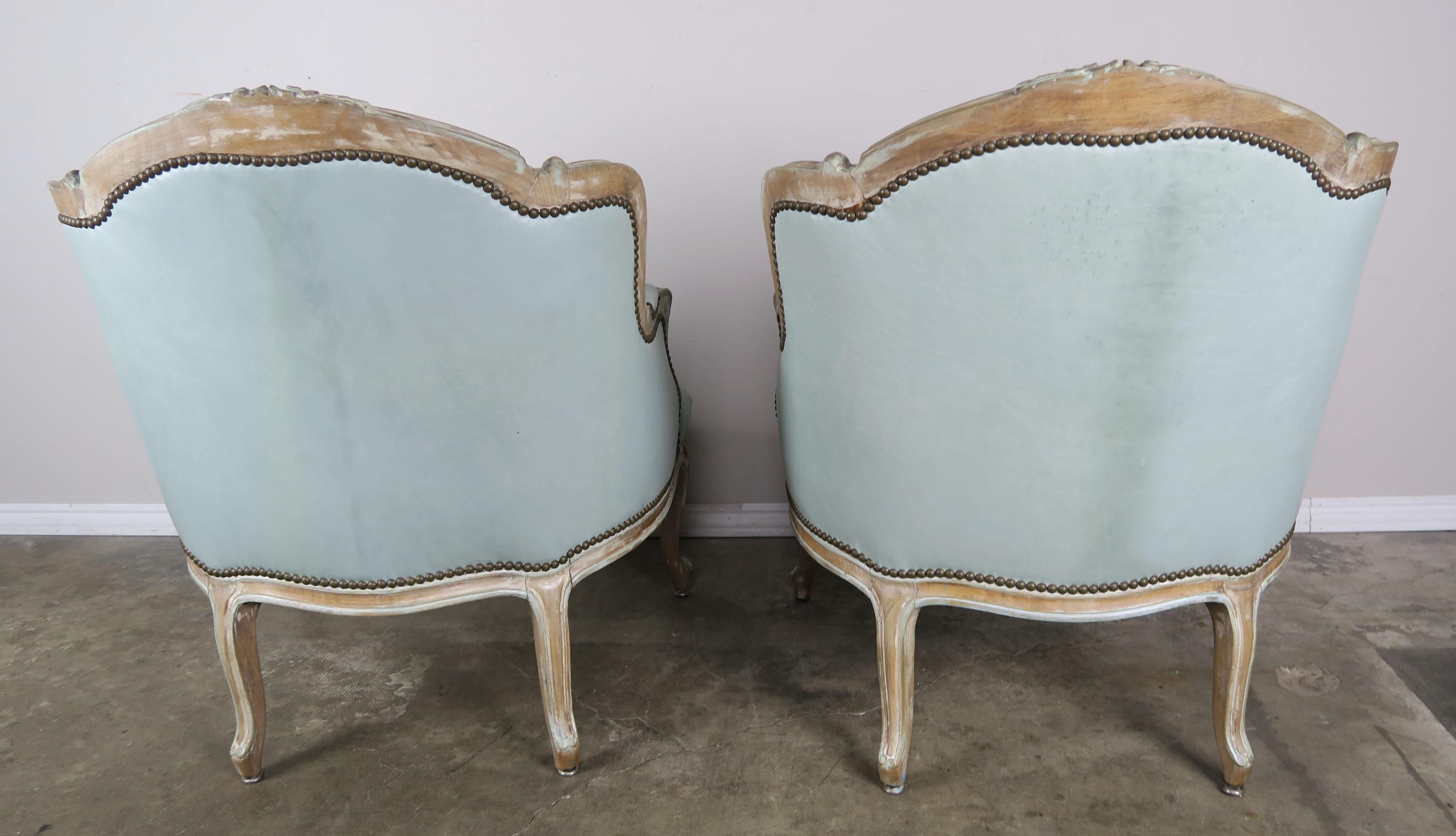 French Painted Louis XV Style Leather Tufted Bergeres, Pair 4