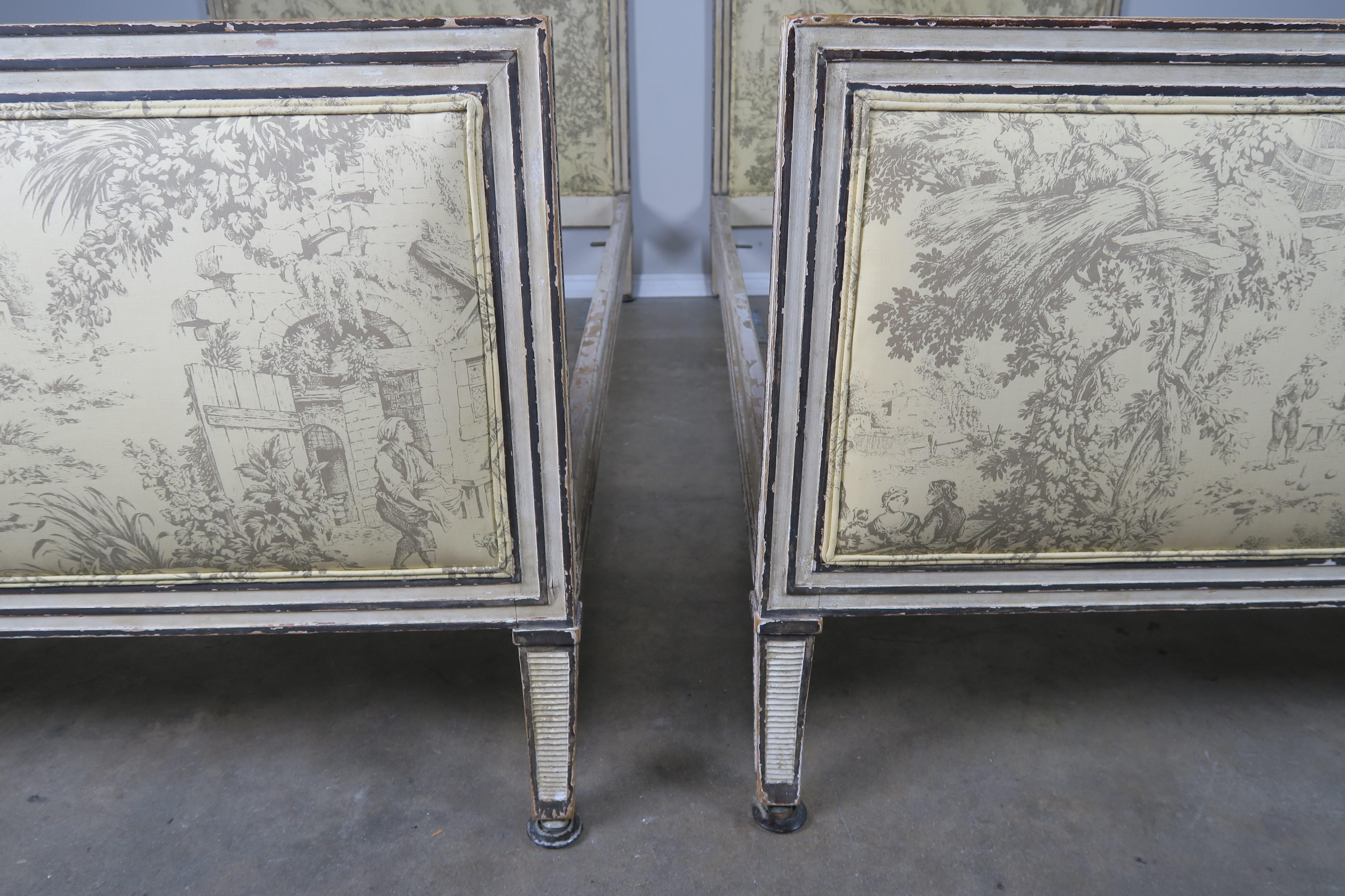 Hand-Painted French Painted Louis XVI Style Bed Frames, circa 1930