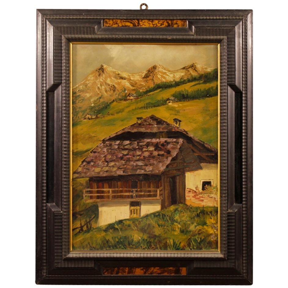 French Painted Mountain Landscape with Hut, 20th Century For Sale