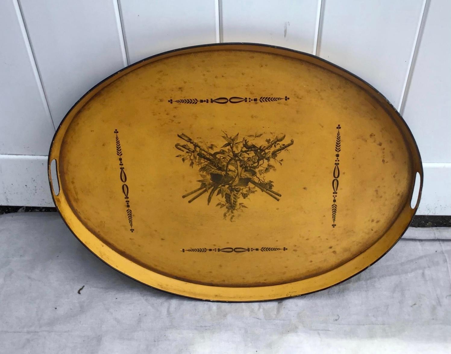 Metal French Painted Mustard and Black Tole Tray For Sale