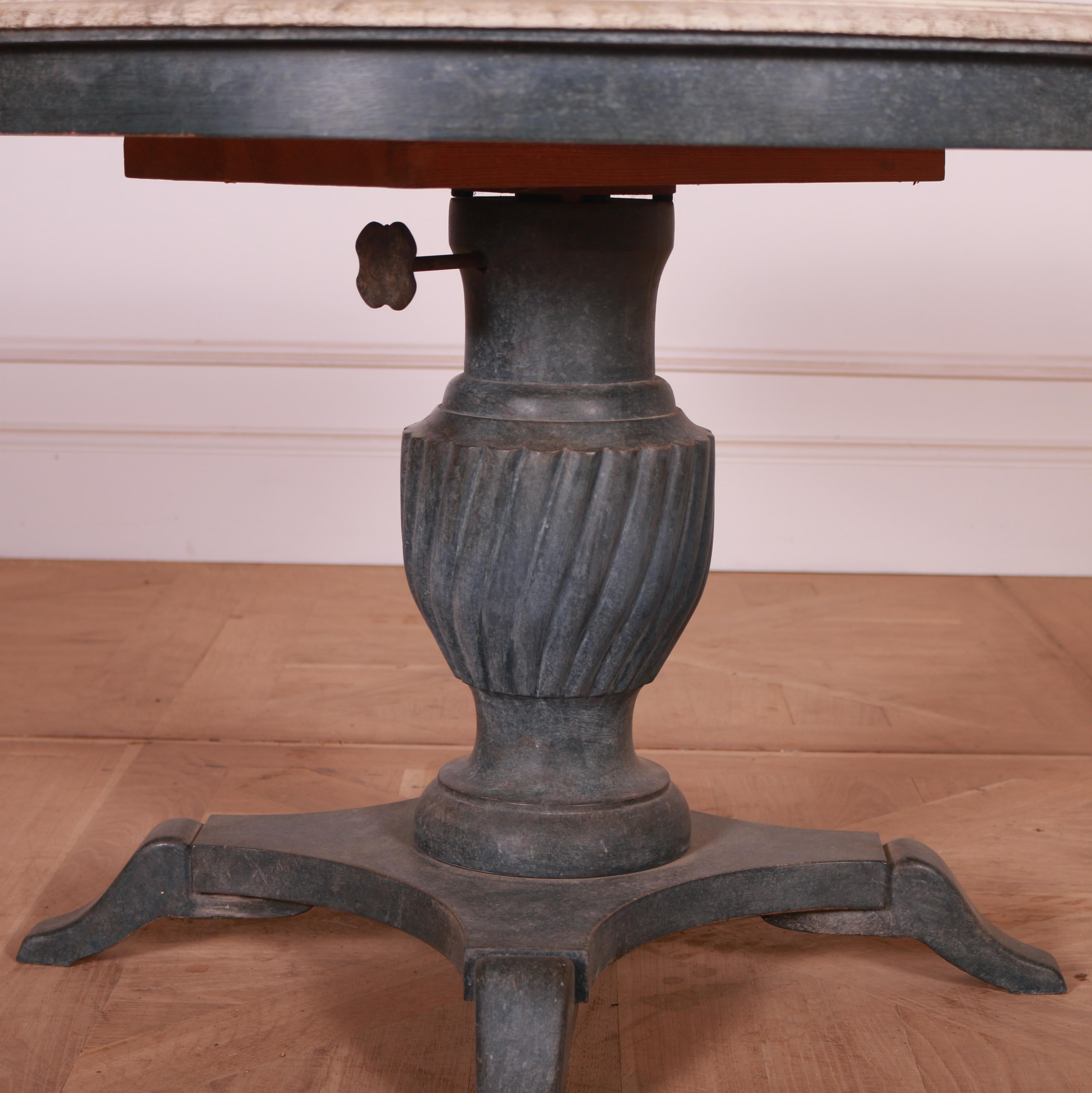 Unusual late 19th C French painted oak centre table. Adjustable height using rotating table top mechanism. 1890.

Table at lowest height is 24.5